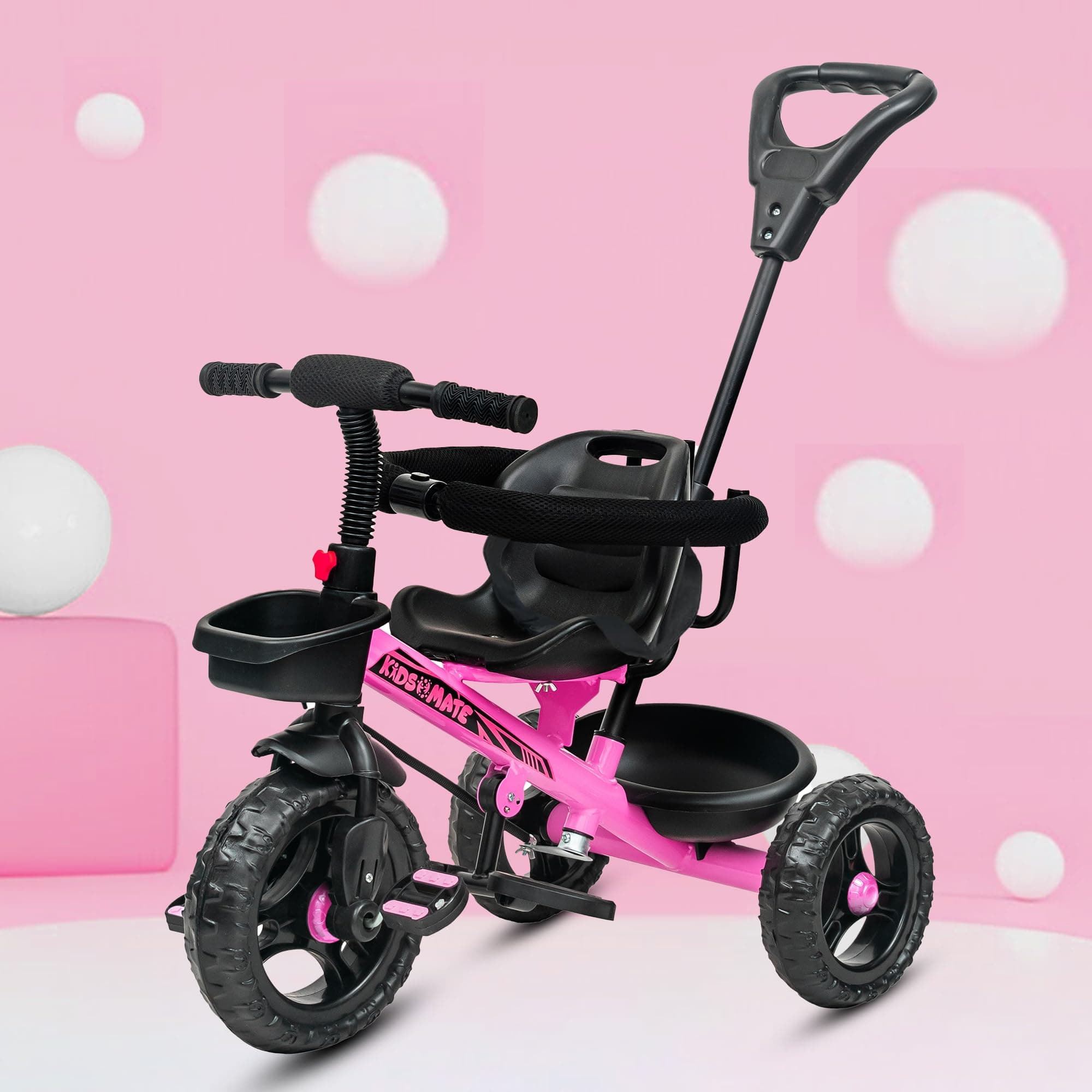 Kidsmate Xplorer 3-in-1 Tricycle for Kids | Durable Plug & Play Baby Trike with EVA Wheels, Safety Rail & Push Handle for Parents | Safe & Comfortable Ride for Toddlers 12-48 Months - Pink