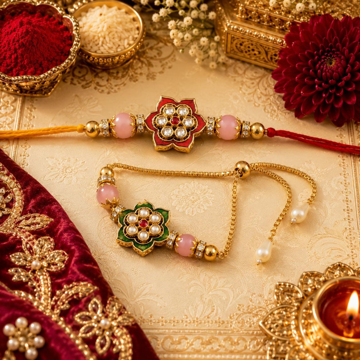 CraftVatika Rakhi Set for Brother Bhabhi, Couple Pair Designer Rakhi for Borther Bhaiya Bhabhi, Men Women Sister, with Rakshabandhan Greeting Card, Fridge Magnet Gift, Tilak Set, Home Decor Gift