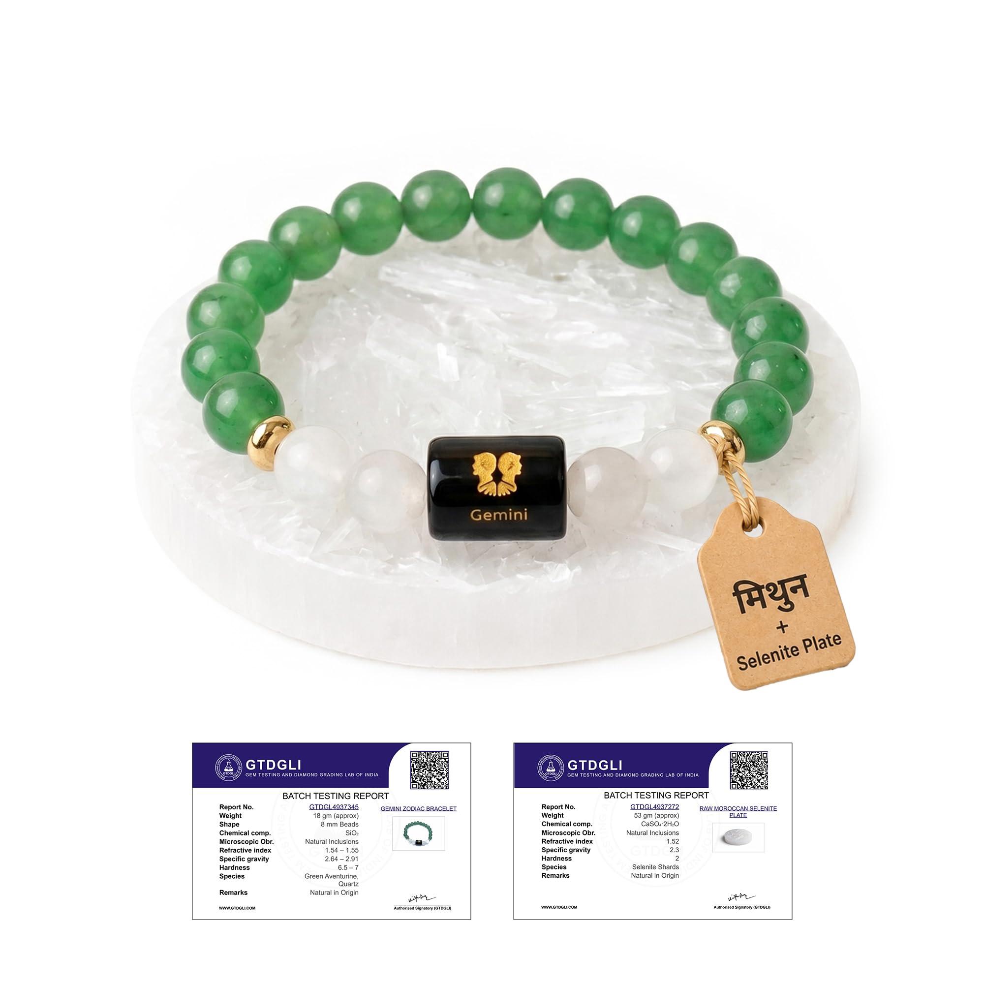 Astrotalk Gemini (मिथुन राशि) Zodiac Bracelet with Raw Selenite Plate | Crystals for Emotional Balance & Focus | Green Aventurine & Milky Quartz | Bracelet for Man & Woman | Gift for Man & Woman