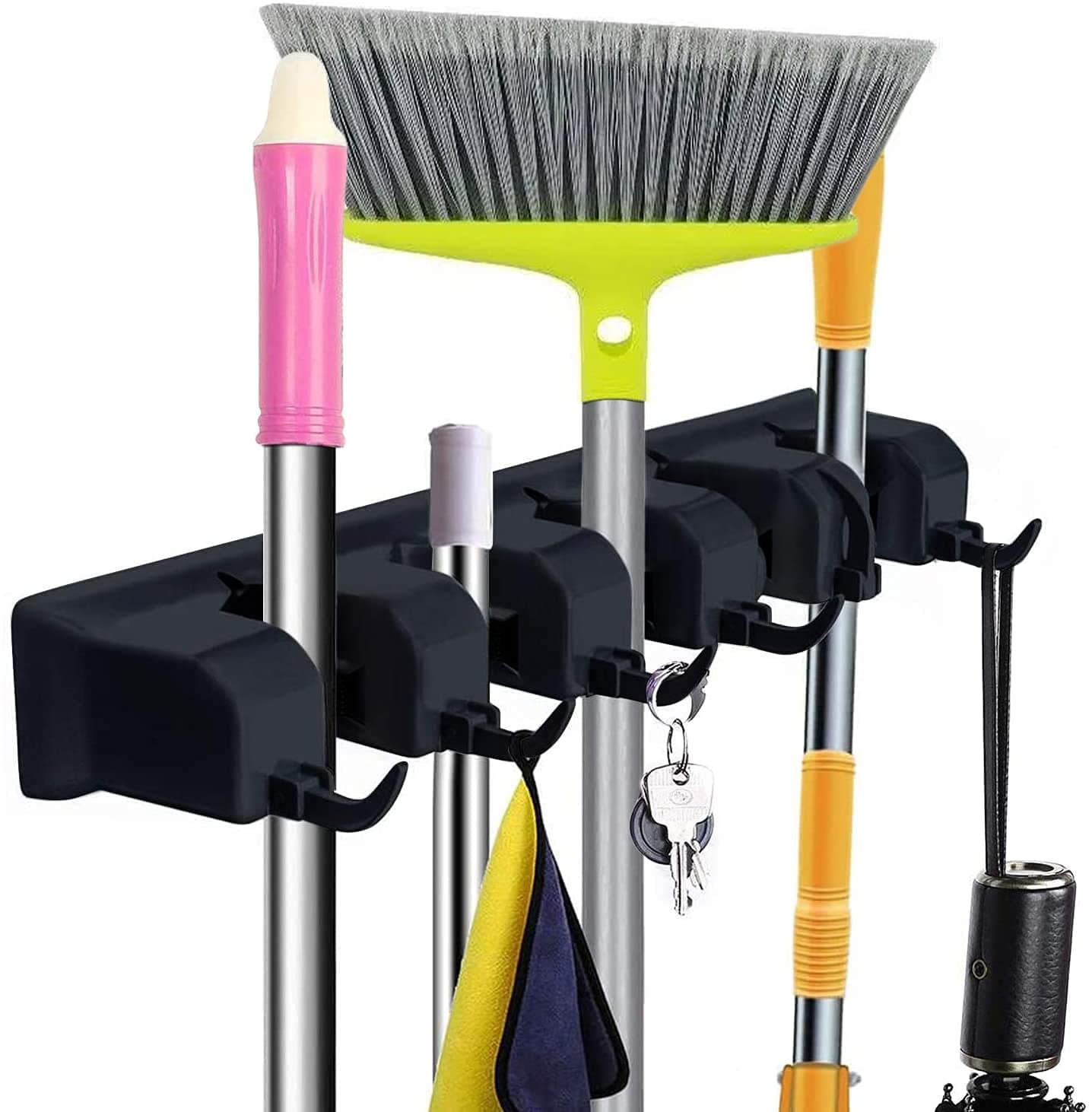 Zollyss Mop and Broom Holder Wall Mount, Heavy Duty Broom Stick Holder Wall Mounted, Mop Hanger Wall Mounted Organizer for Home Kitchen Bathroom Garden Garage Storage (5 Positions with 6 Hooks, Black)