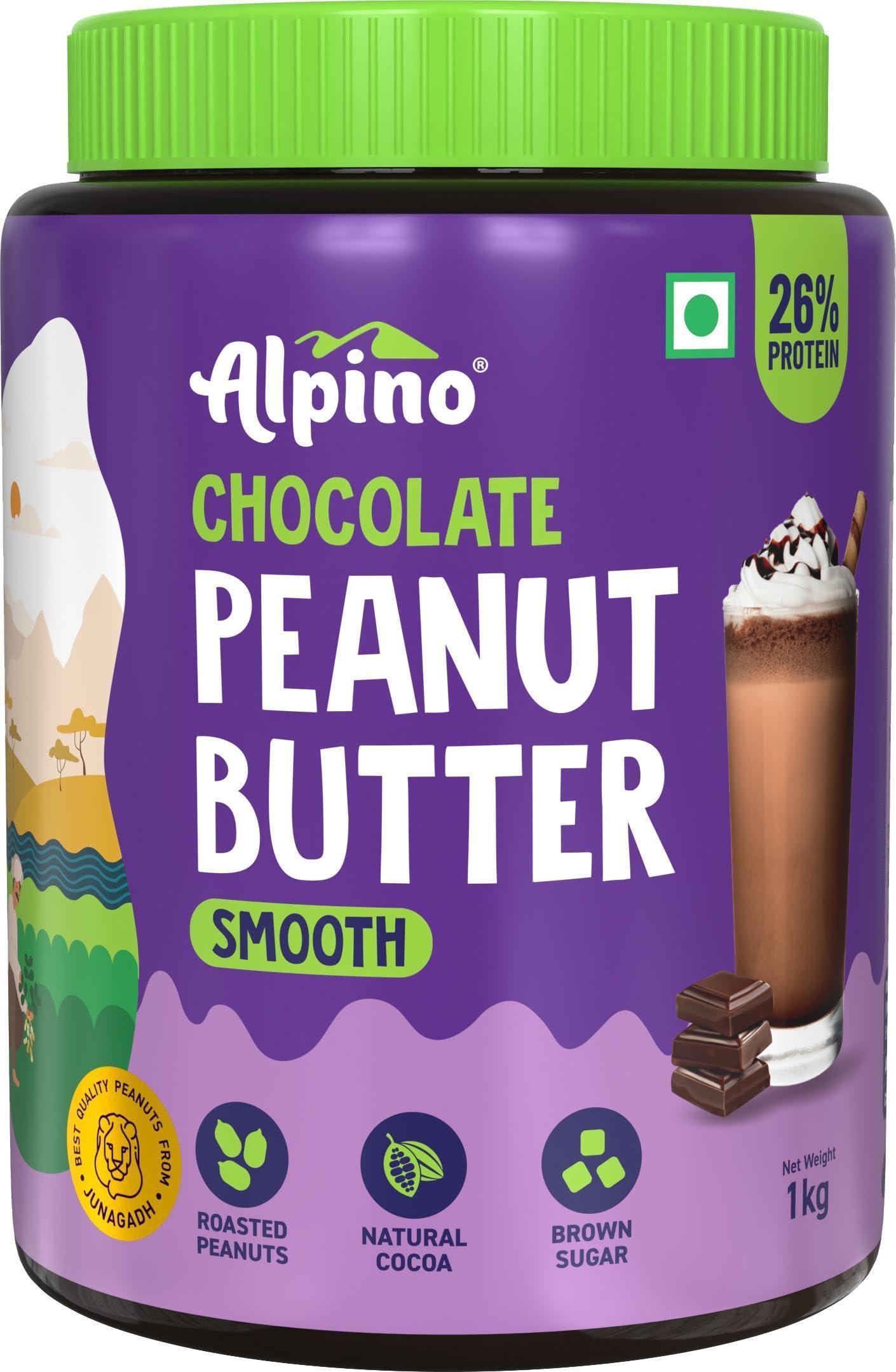 ALPINO Chocolate Peanut Butter Smooth 1kg - Roasted Peanuts, Chocolate Paste & Brown Sugar - 26% Protein, Source of Healthy Fats