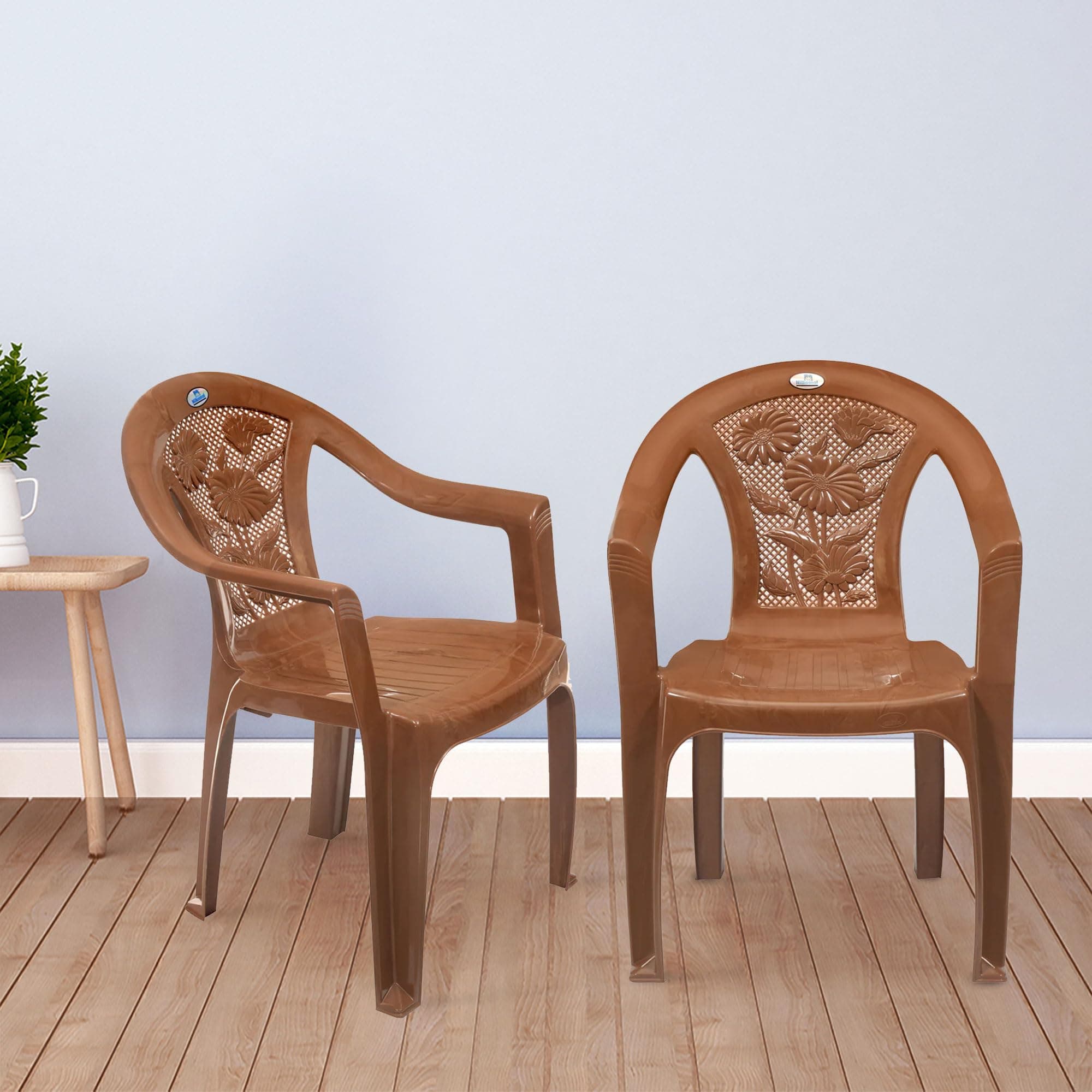 Nilkamal Plastic Chair for Living Room with Arm |Set of 2 | 3 Year Warranty | for Home, Living Room, Outdoor | Pear Wood Colour | CHR2060