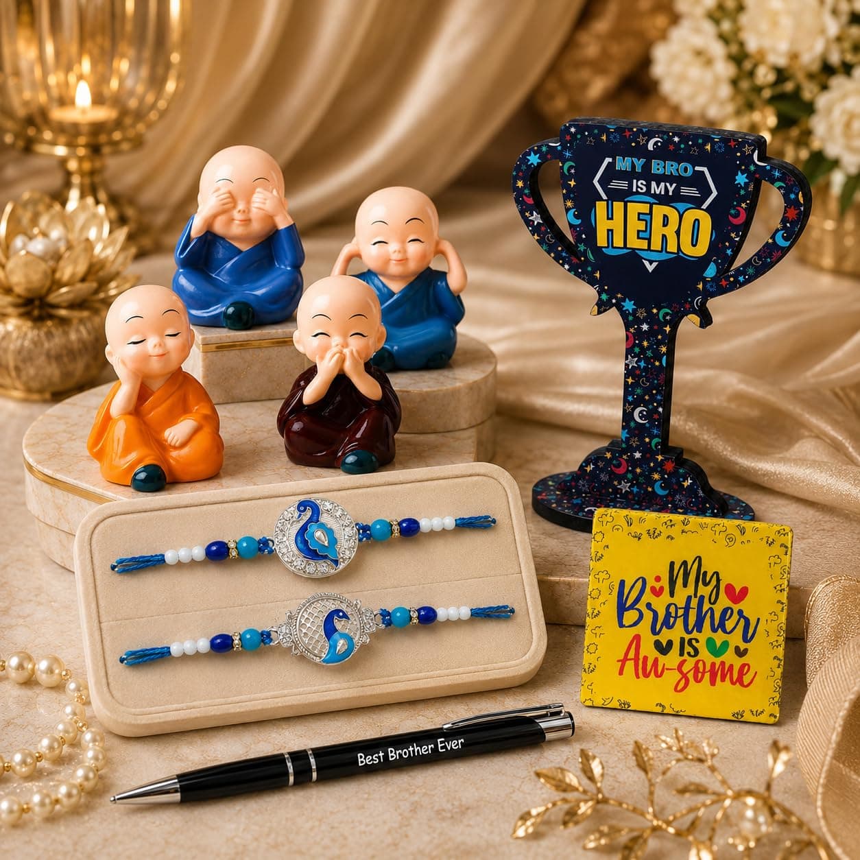 Dreamica DesignerSet of 2 Rakhi, Monk Buddha Showpiece Set, Fridge Magnet, Trophy Showpice, Best Brother Ever Pen, Greeting Card and Tilak Set | Best Rakhi Gift for Brother