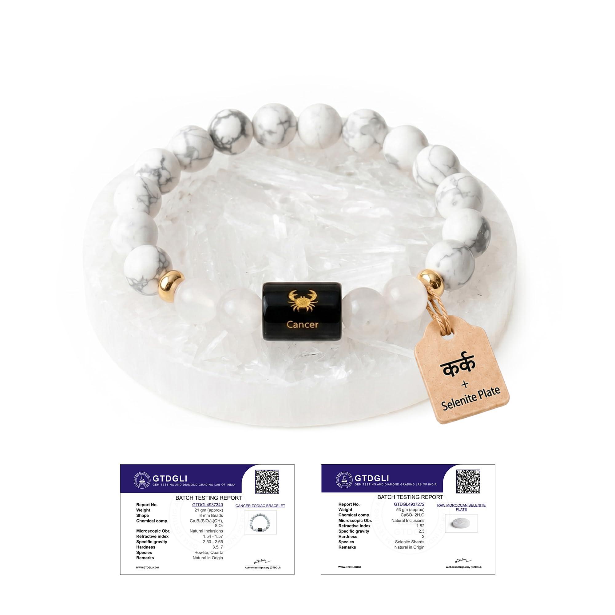 Astrotalk Cancer (कर्क राशि) Zodiac Bracelet with Raw Selenite Plate | Crystals for Inner Peace & Emotional Strength | Howlite & Milky Quartz | Bracelet for Man & Woman | Gift for Man & Woman