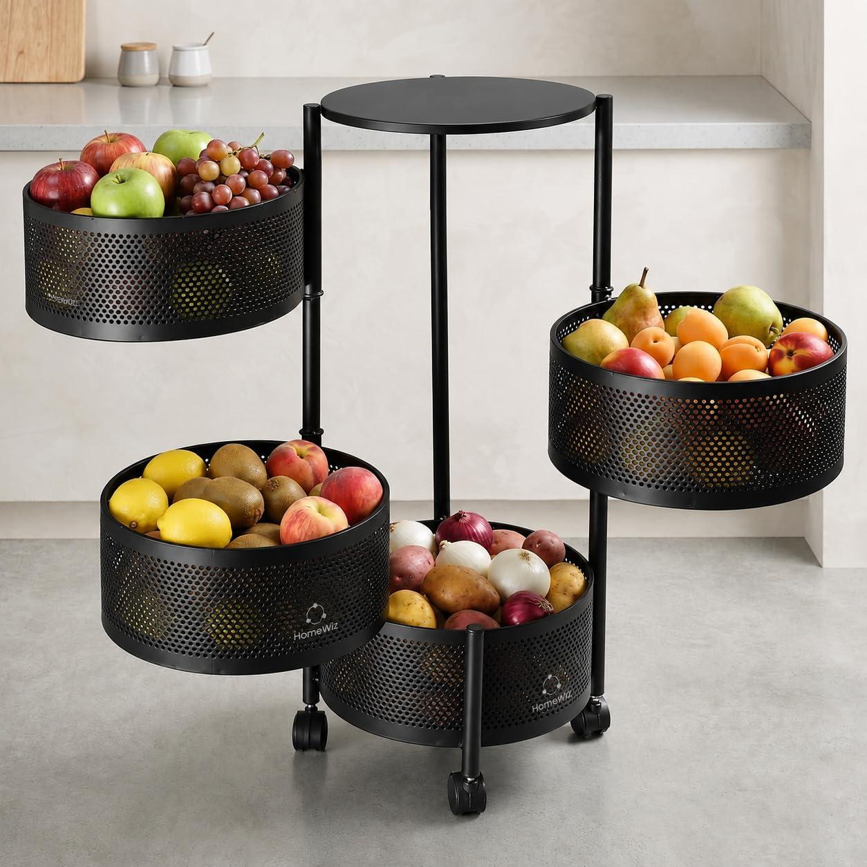 HomeWiz Round Kitchen Rack 4- Layer | Lifetime Usage Heavy Duty Steel Trolley | Kitchen Storage | Onion Potato Rack for Kitchen | Multipurpose Storage Rack for Fruits & Vegetables | Rust-Free Forever