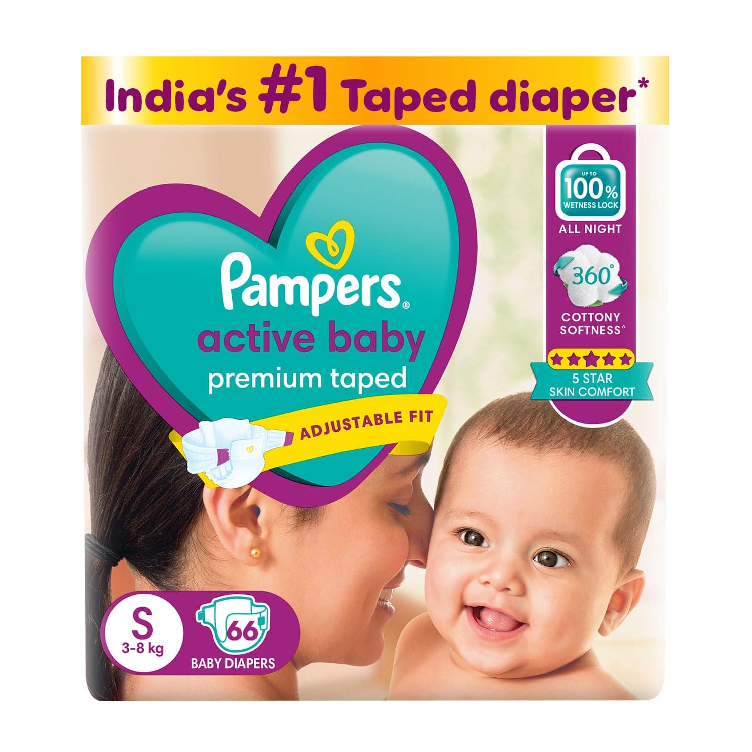 Pampers Active Baby Taped Diapers, Small size diapers, (S) 66 count, taped style custom fit