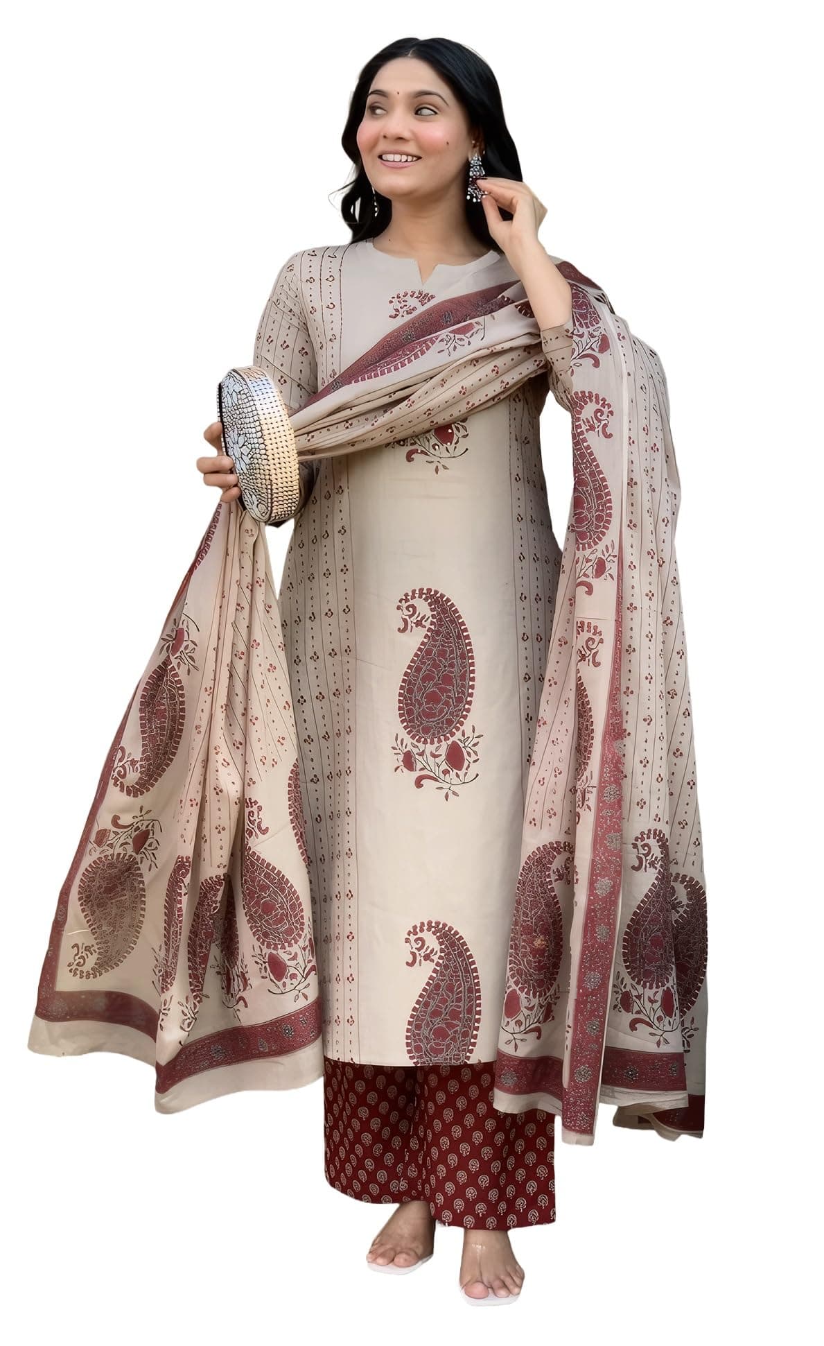 Nermosa Women's Pure Viscose Block Printed Ethnic Wear Straight Kurta Set with Palazzo Pants & Dupatta | Kurta Set for Women | 3 Piece Set (IN, Alpha, XL, Regular, Standard, Maroon)