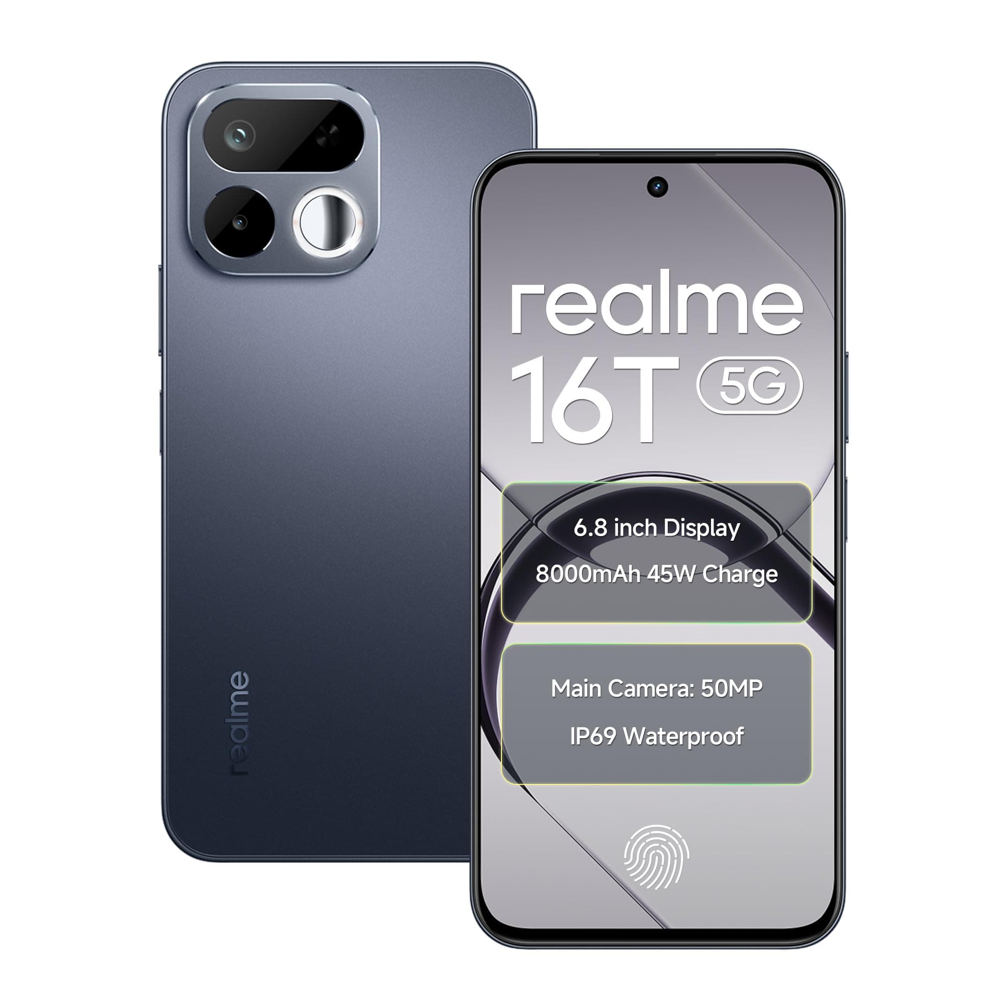 realme 16T 5G Smartphone 8000mAh Batterya 45W Fast Charge, 6.8 inch 144Hz Display, 6GB RAM 128GB ROM, 50mp AI Rear Camera, MediaTek Dimensity 6300 Chipset, Android 16, IP69 Pro Starlight Black