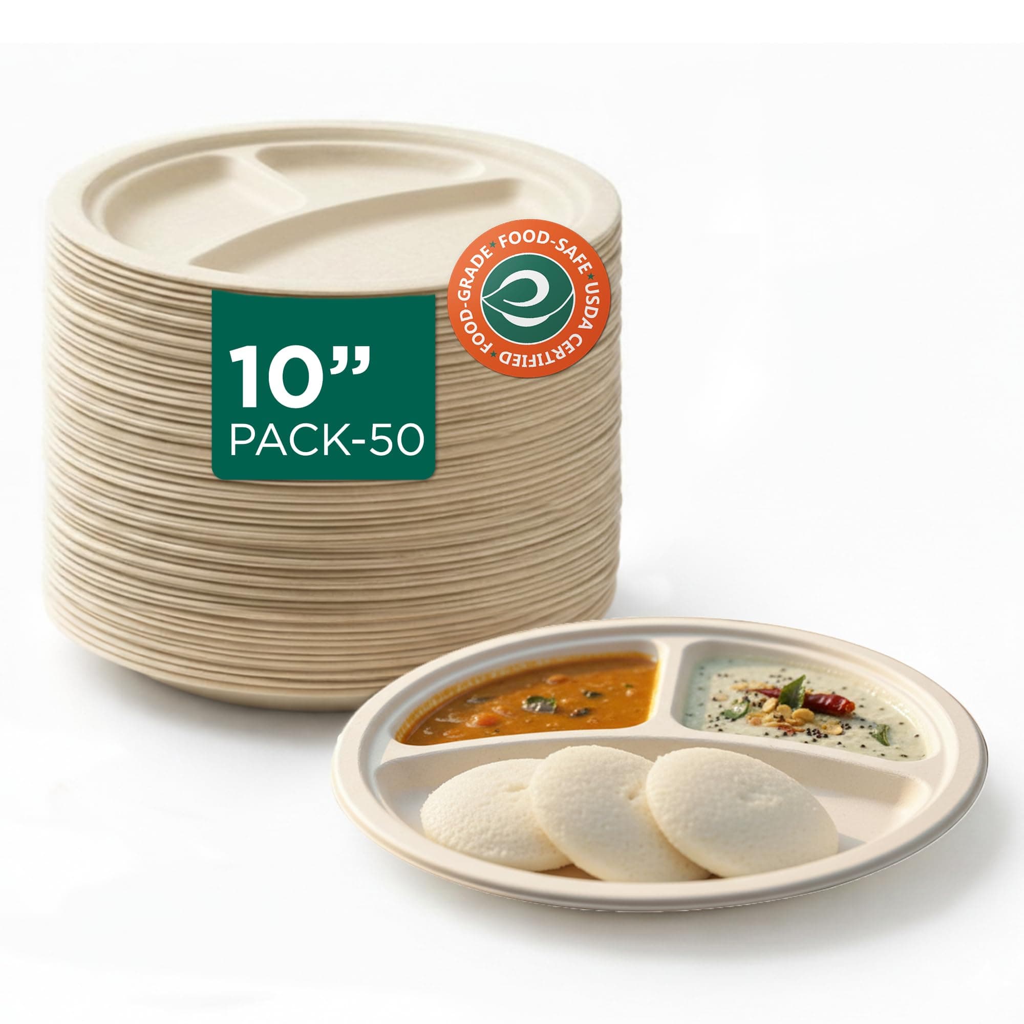 ECO SOUL[10 inch,50 Count],Disposable Bagasse Plate,3 Compartment for Meals