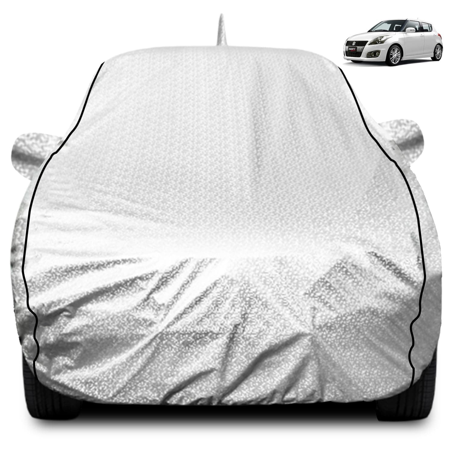 FABTEC Waterproof Car Body Cover for Maruti Swift (2012-2017) with Mirror and Antenna Pocket, Soft Cotton Lining, Triple Stitched (Heat Resistant Metallic Silver with Black Piping)