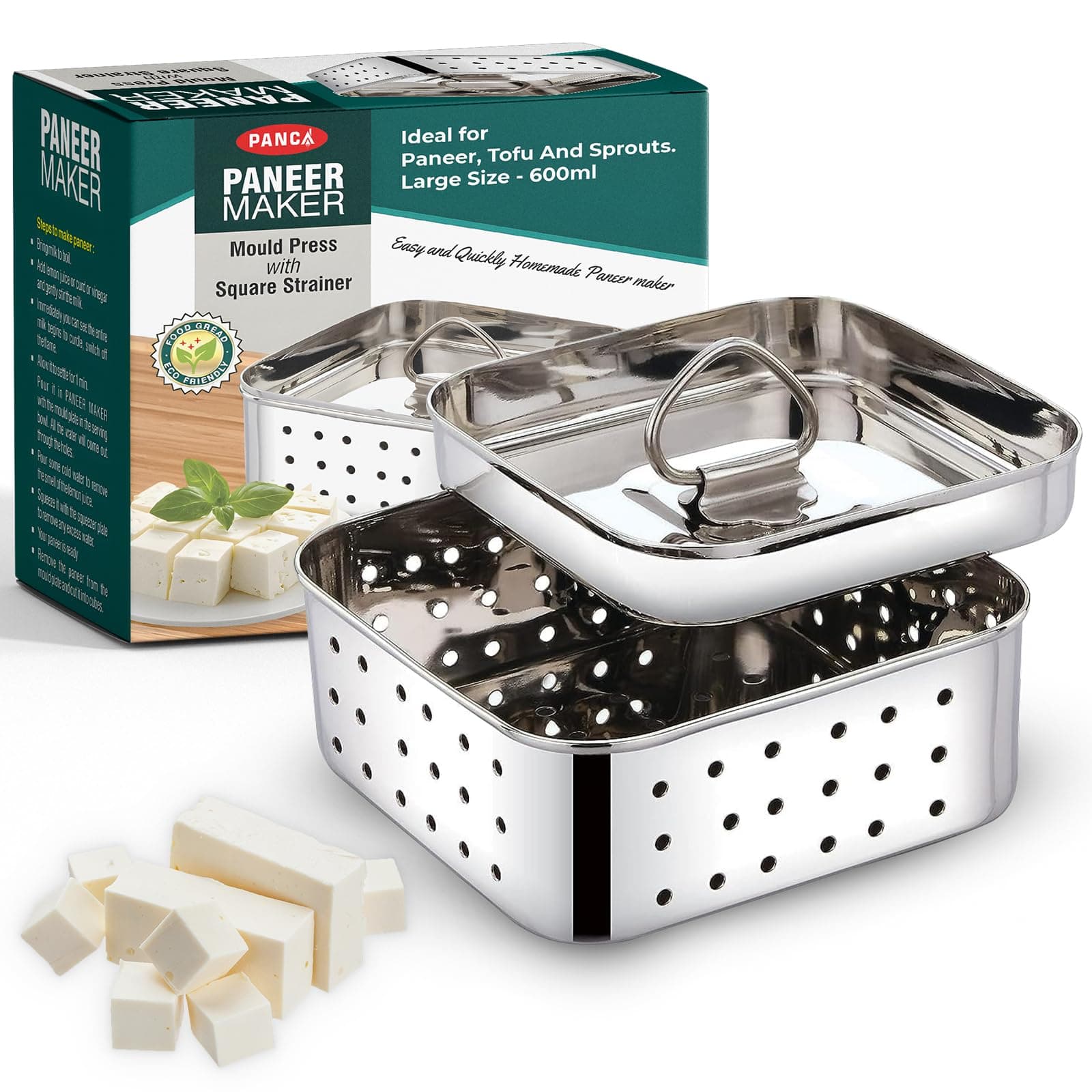 PANCA Stainless Steel Paneer Maker Mould Big Size, Paneer Press with Lid, Tofu Press Mould Maker, Whey Seperator (Square, 550ml Capacity)