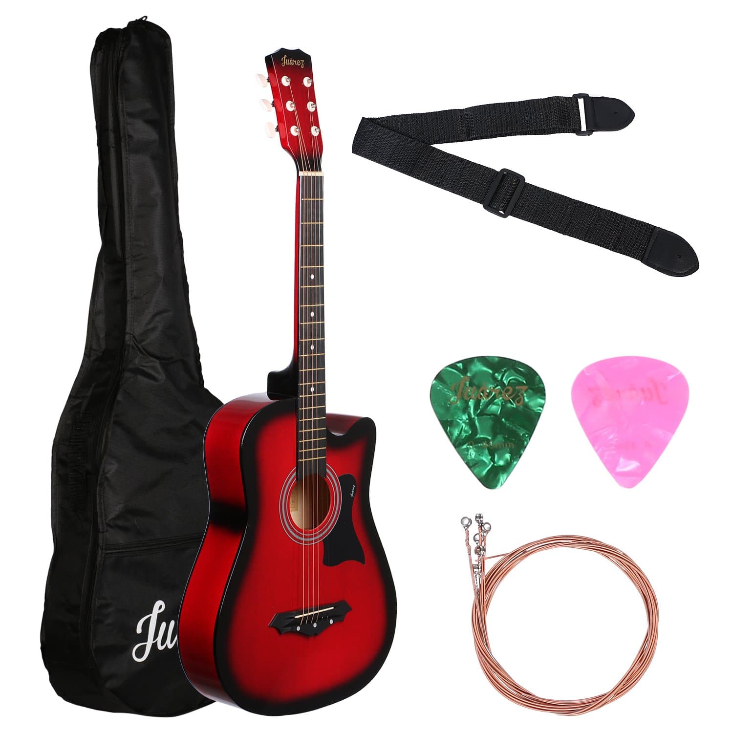 Juarez Acoustic Lindenwood Guitar, 38 Inches Cutaway With Pick Guard, JRZ38C/RDS With Bag, Strings, Pick And Strap, Red Sunburst