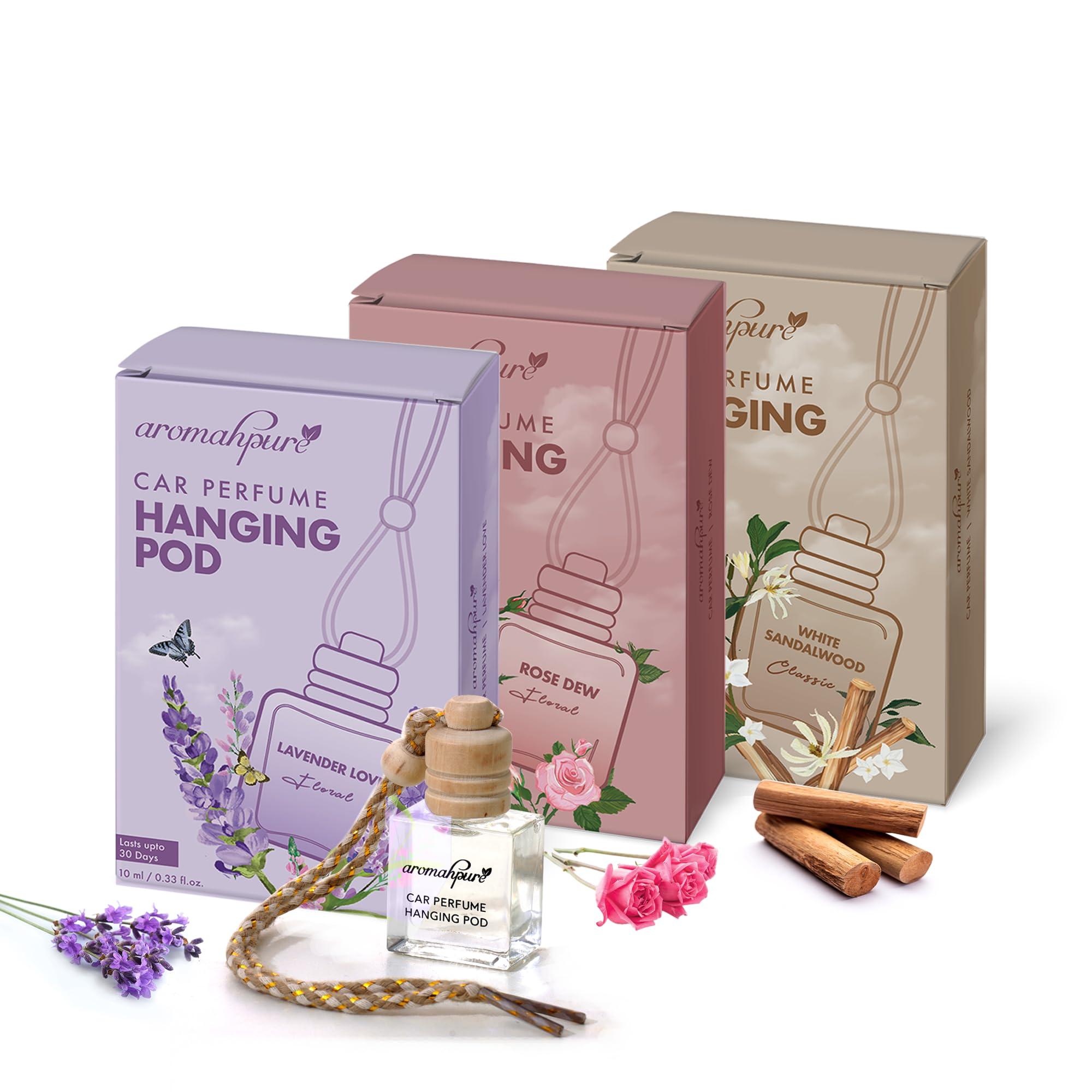 Aromahpure Car Perfume Hanging Pod - Lavender, Rose, Sandalwood Car Air Freshener combo 10 ML Natural Fragrance Oil in Glass Bottle with Wooden Diffuser Lid |Last upto 30 Days|Pack 3, IFRA certified