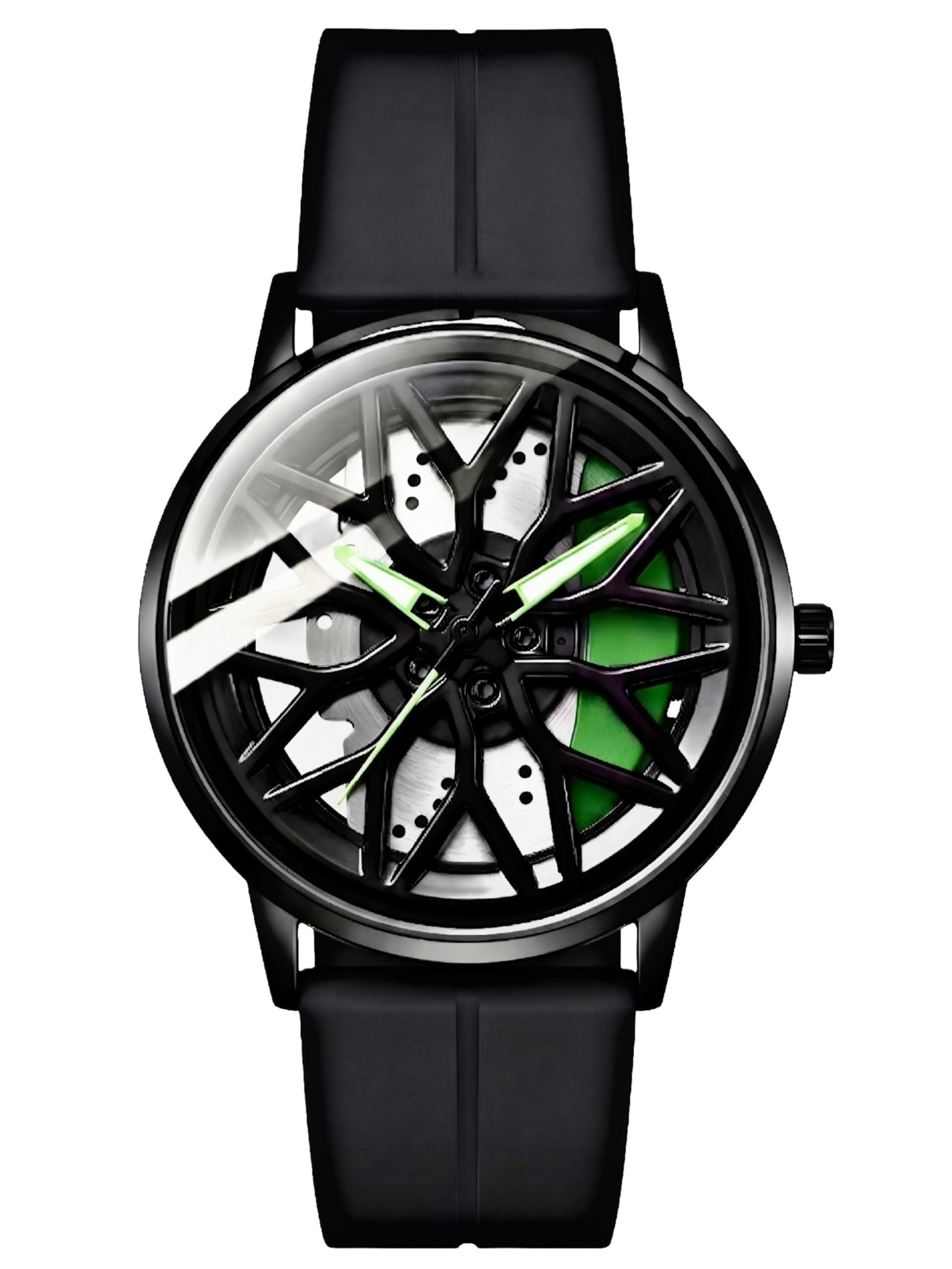 Oculus Men's 3D Car Wheel Rotating Watch, Luxury Sport Quartz with Hollow Hub Dial, Magnetic Silicone Strap, Automotive-Inspired Design, Black Magnetic Straps (Blue Black Brake Caliper)