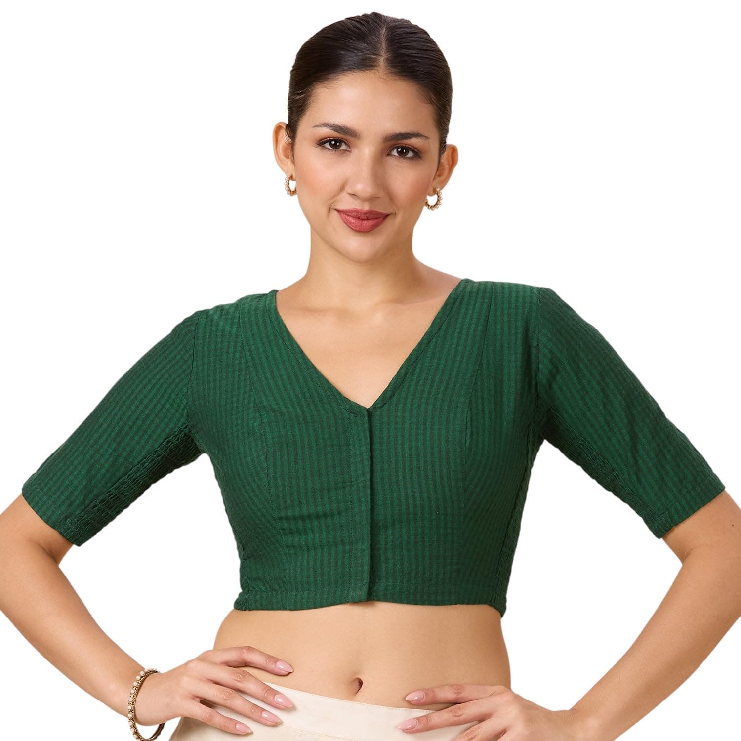 Studio Shringaar Women's Cotton Madras Checks Saree Blouse with Stretchable Sides(Green, 38)