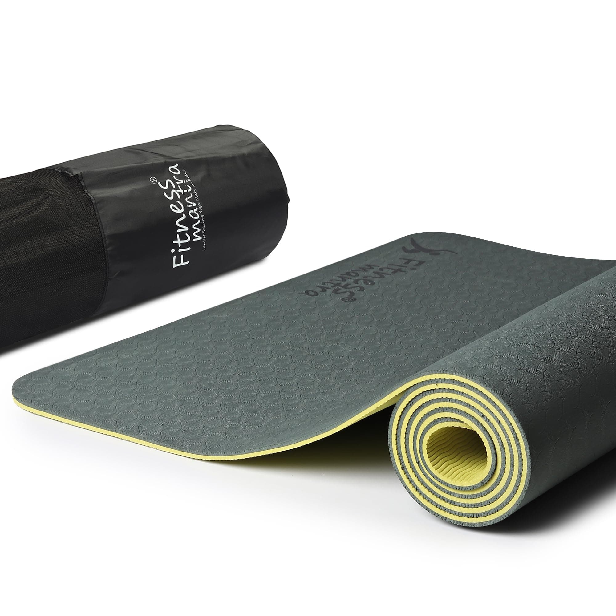Fitness Mantra® TPE Dual Color Anti-Slip Yoga Mat with Cover Bag for Gym Workout and Yoga Exercise for Men & Women Fitness| 1 Piece| 6mm| 24"x72"|Premium Dual Color Mat| Army + Lemon|
