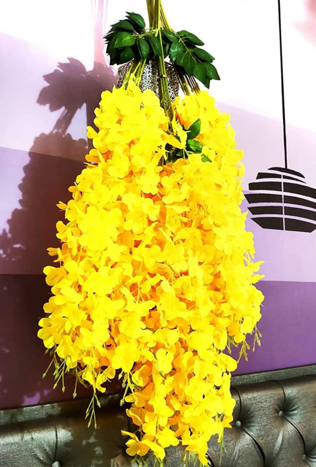 VRB Dec Pack of 12 (43.2Ft) Artificial Wisteria Vine| Ratta Fake Wisteria Hanging | Garland Silk Long Hanging Bush Flowers String for Home Party Wedding Decor (Yellow, 12)