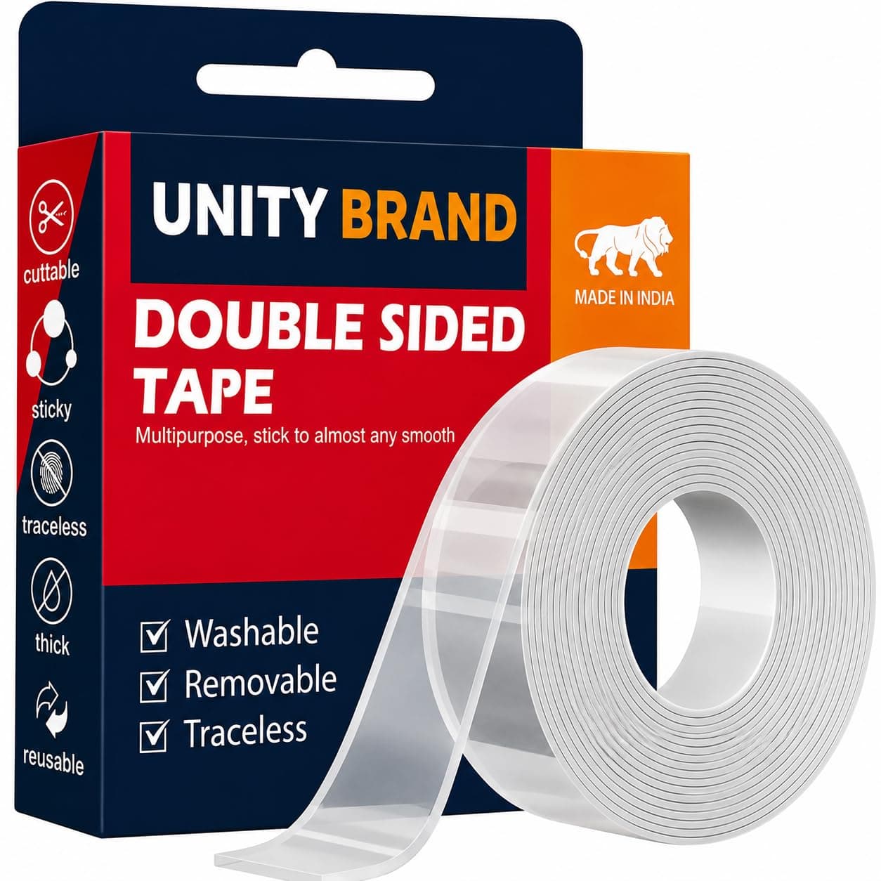 UB Unity Brand Pack 2 Multipurpose Double Sided Tape Heavy Duty - Adhesive Silicone Tape, Heat Resistant, Multi-Functional, Removable, Washable, Reusable Anti-Slip Gel Nano Grip Tape- 3 Meter