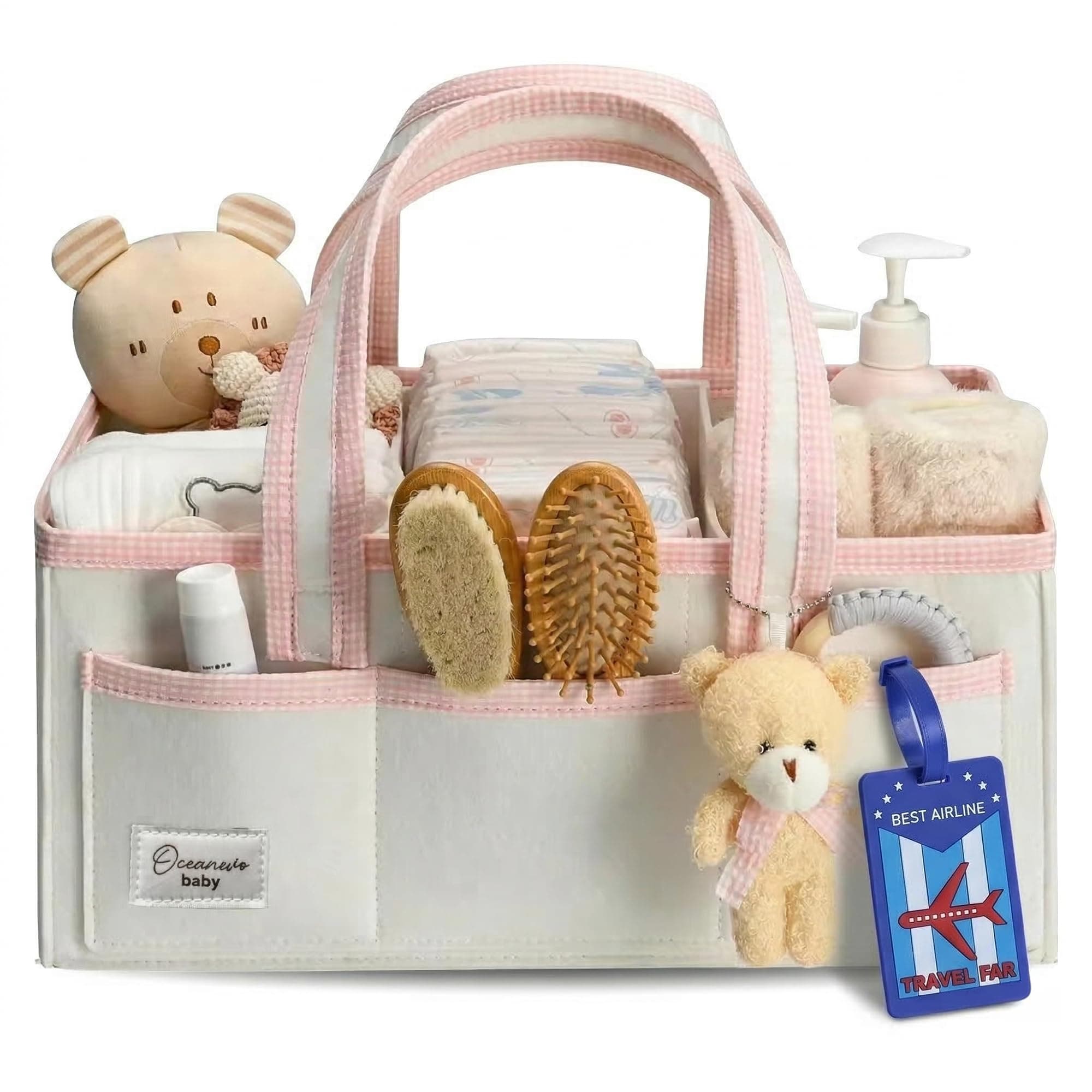 OCEANEVO Cute Felt Diaper Caddy Organiser Bag WITH Luggage Tag AND Bear Charm, Baby Basket for New Born Baby Essential Products with Compartments and Handle - 41 x 25 x 18 Cm - Pink - 1 Year Warranty