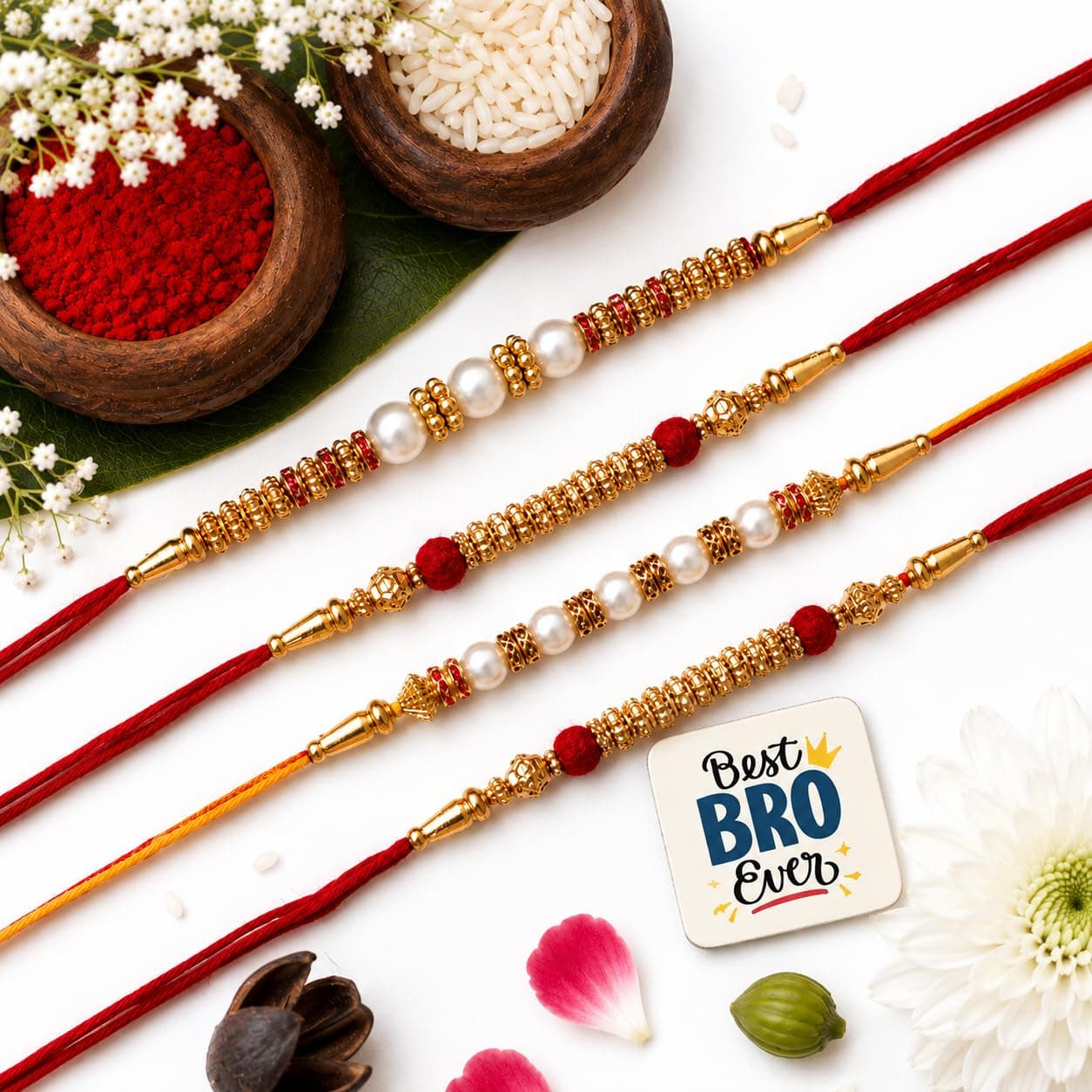 eCraftIndia Set of 4 Red, Golden & White Beads, Pearl, Diamond Designer Rakhis, Best Bro Ever Fridge Magnet with Roli Chawal Pack - Rakhi for Brother, Bhaiya, Bhai