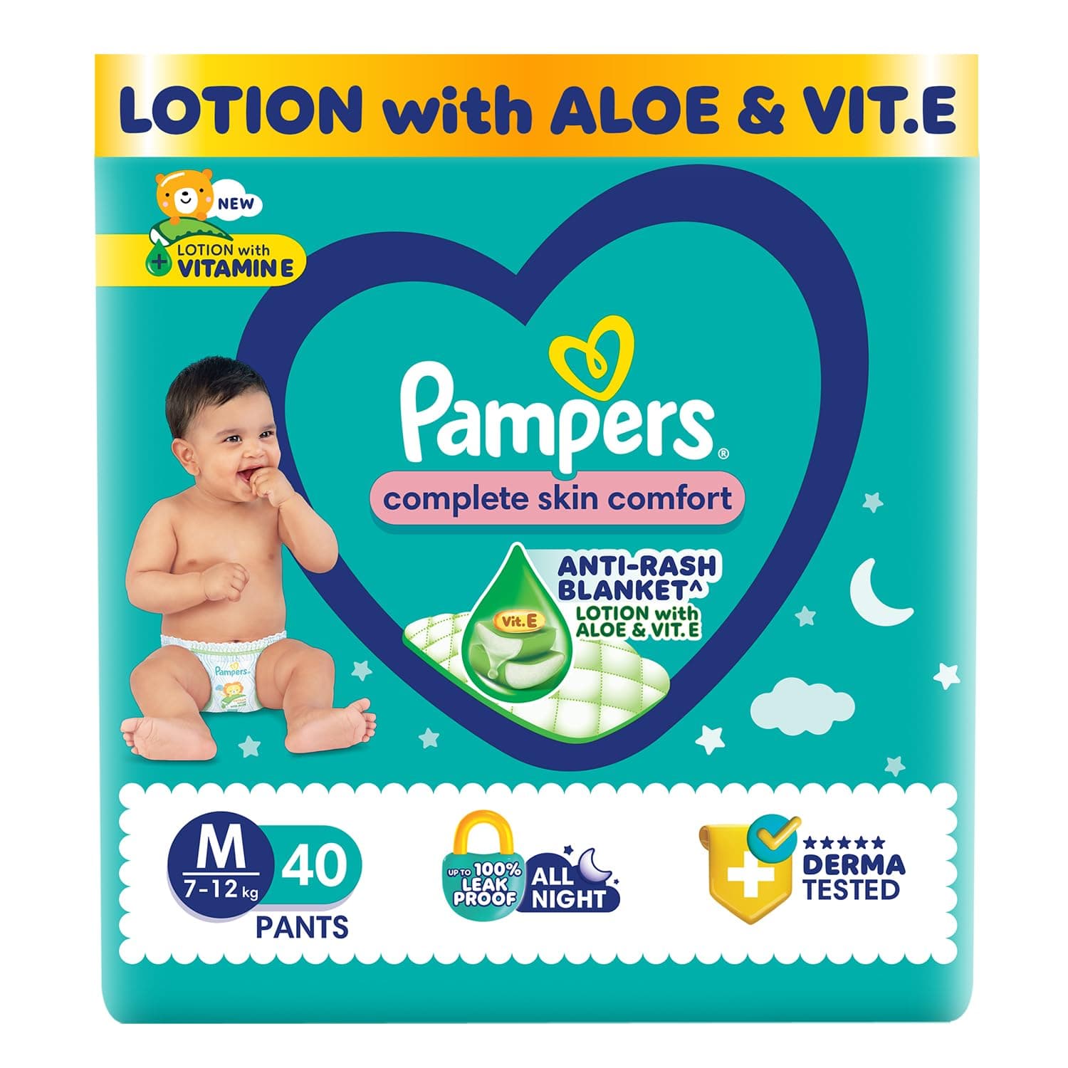 Pampers Complete Skin Comfort Pants, Anti-rash blanket, Lotion with Vitamin E & Aloe Vera, Medium size baby diapers (MD) 40 Count, 7-12 kg