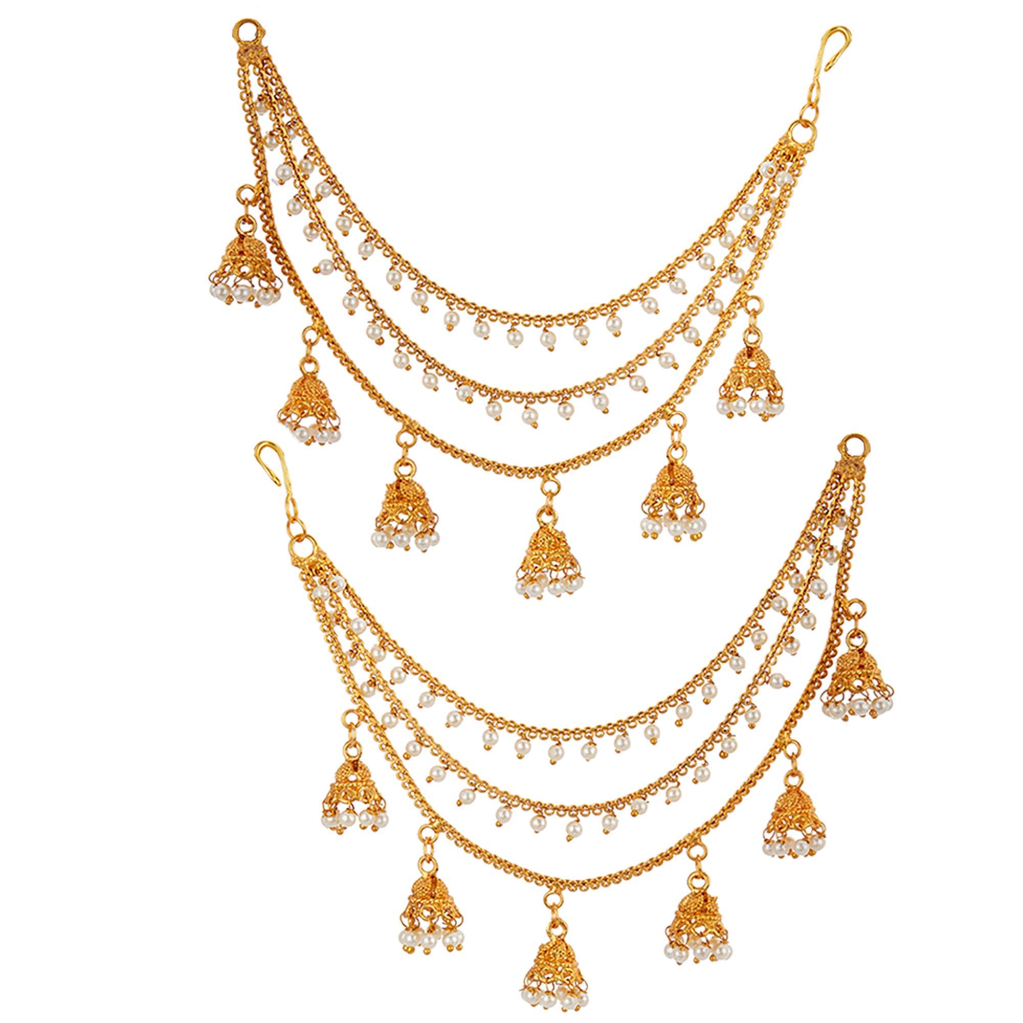 Zeneme Traditional Brass 18 K Gold Plated Wedding Jewellery Bahubali Inspired Long Chain Jhumki Earrings for Women and Girl (Design 2)