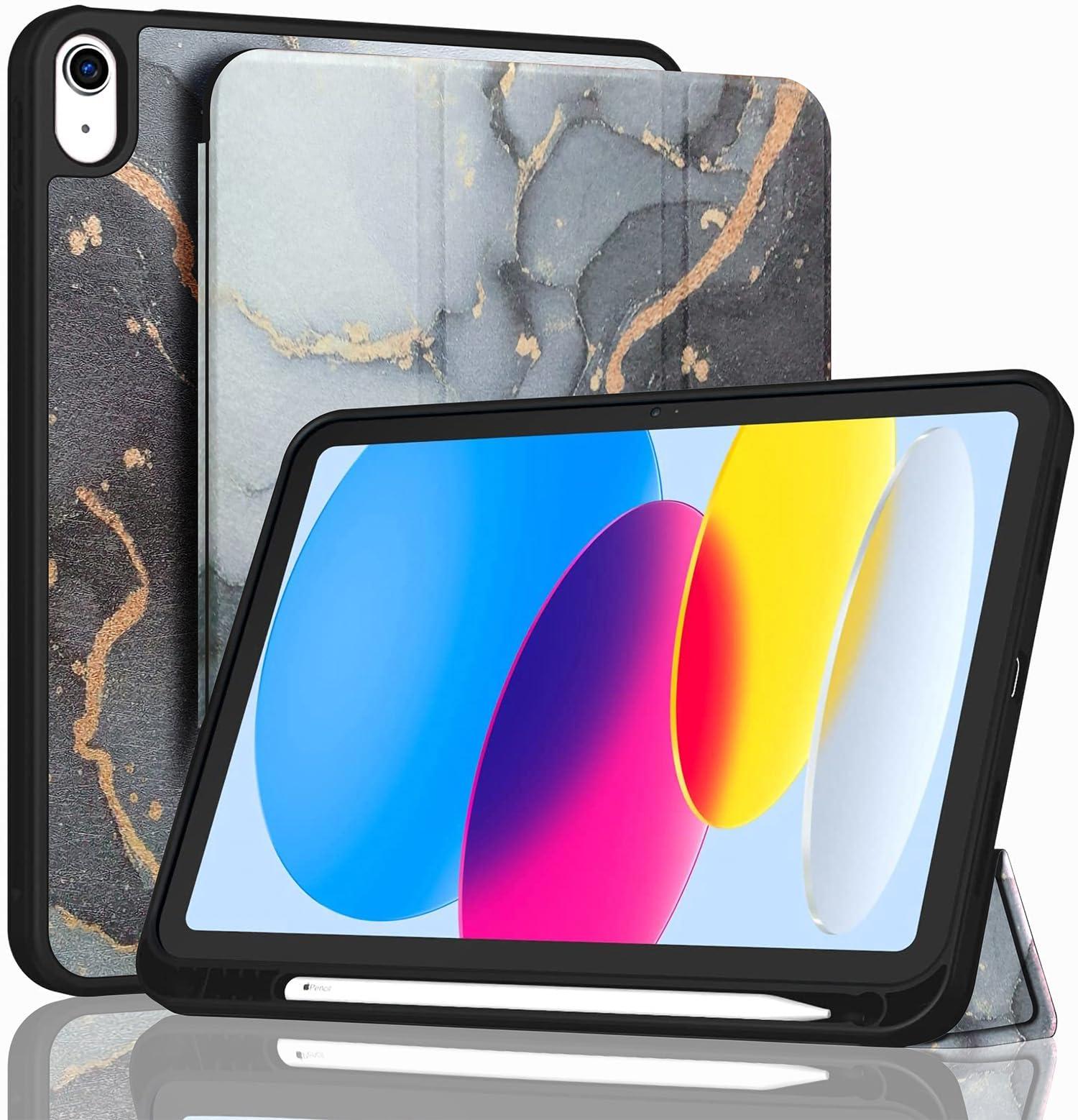 ProElite Smart Case for iPad (A16) 11th/10th Generation (2025/2022) [Auto Sleep/Wake Cover] [Left Side Pencil Holder] [Soft Flexible Case] Recoil Series - Marble Black
