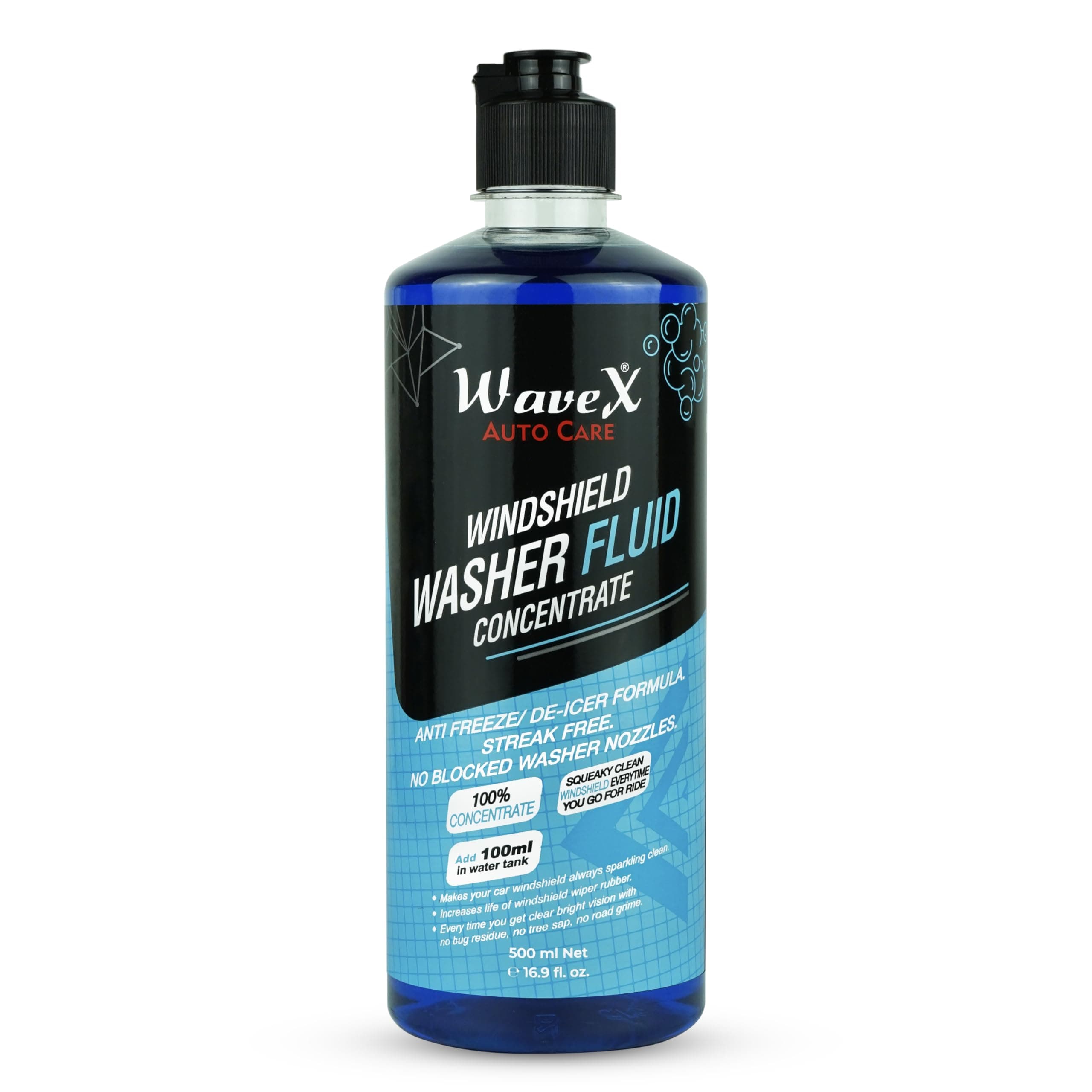 Wavex Windshield Washer Fluid for Car 500ml | Concentrated Car Wiper Fluid for Windshield Tank | Streak-Free Crystal Clear Visibility | Removes Dirt, Oil & Hard Water Marks