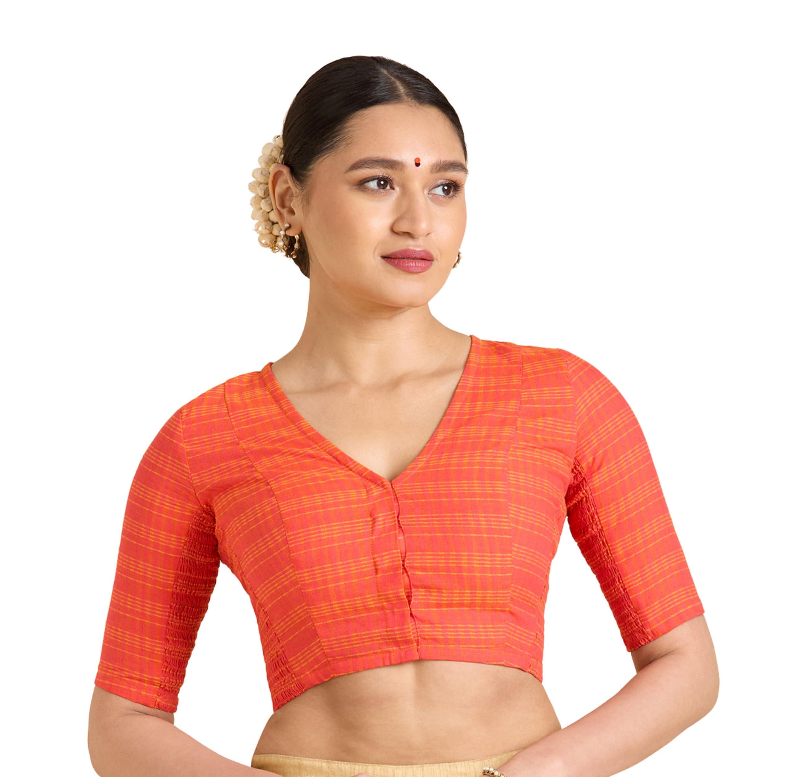 Studio Shringaar Women's Cotton Madras Checks Saree Blouse with Stretchable Sides(Orange, 40)