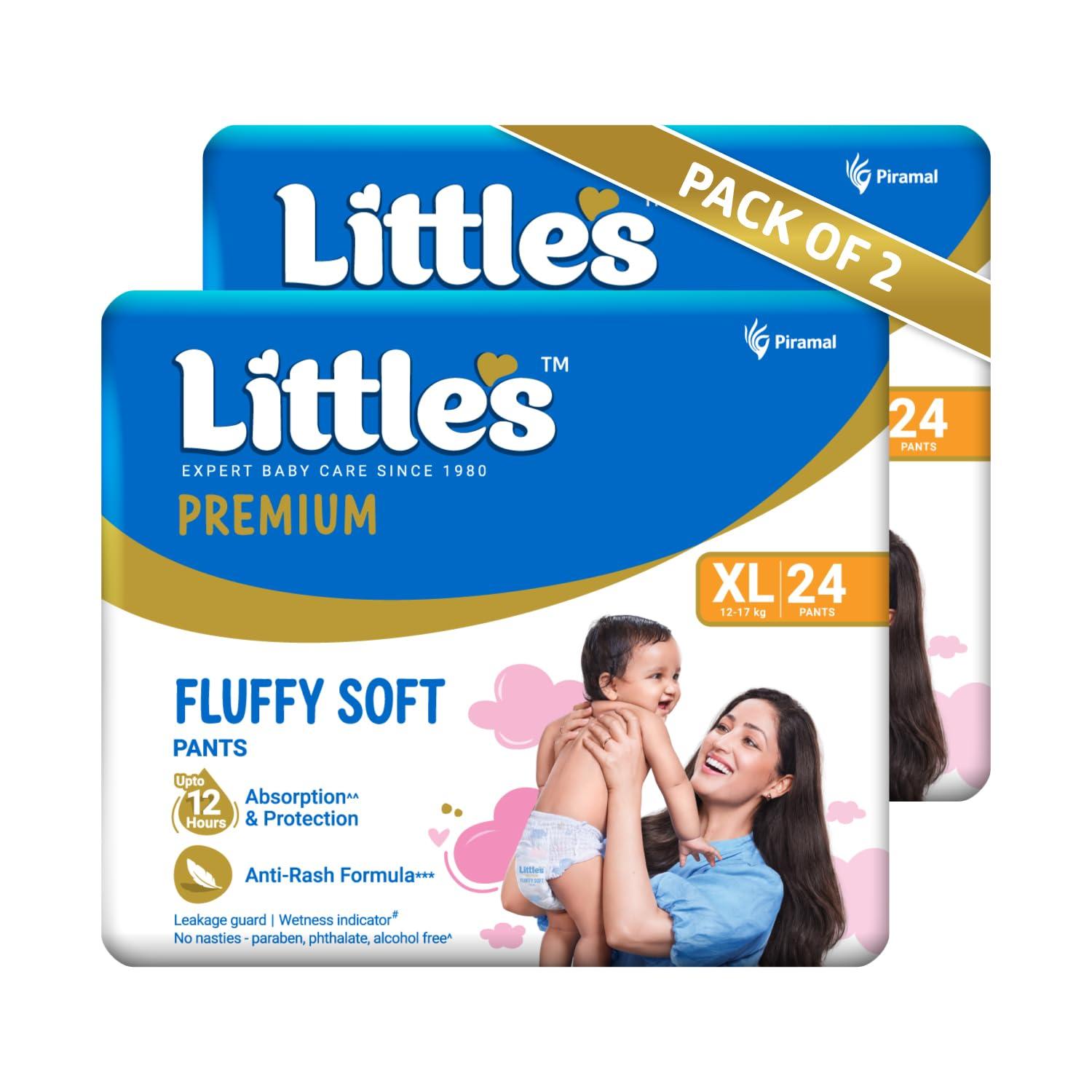 Little's Premium Baby Diapers XL Size (Extra Large) Pants Style | 12-17 kg | 48 Count | FluffySoft Baby Diaper with Leakage Guard, Wetness Indicator & 12 Hours Absorption | (24 Count, Pack of 2)