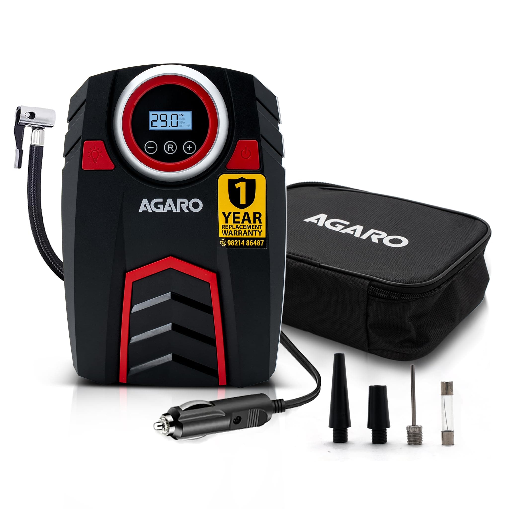 AGARO Marvel Tyre inflator, for Cars, 12V, Upto 150 PSI, 120 W Powerful Motor, Up to 3M Long Cable, Digital Display, Multiple Nozzles