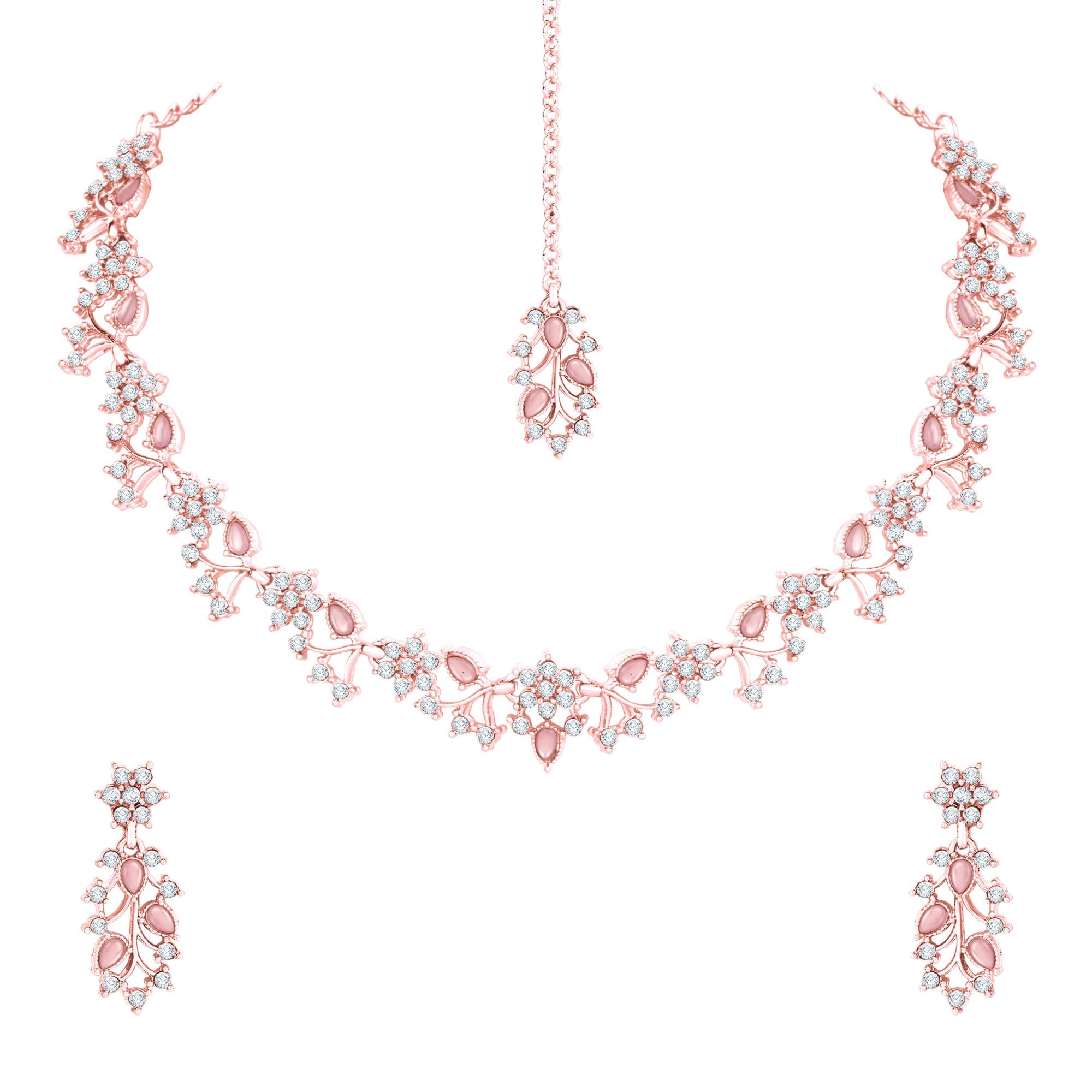 Atasi International Rose Gold Plated American Diamond AD with Mint Pink Crystal Necklace Jewellery Set for Women & Girls (MP5871)