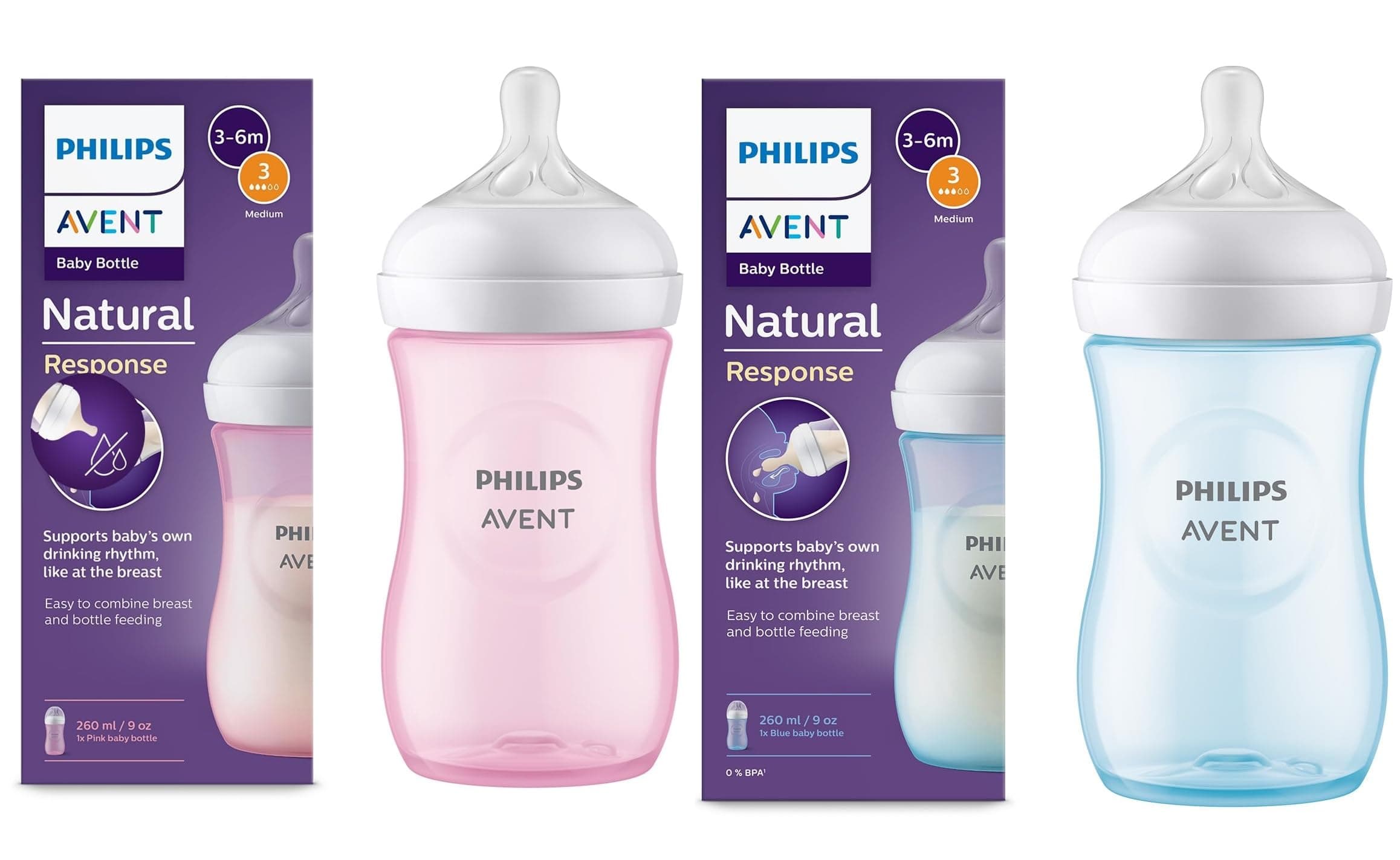 Philips Avent Natural Baby Feeding Bottle Combo| No.1 Brand Recommended by Moms Worldwide | Natural Response Technology Mimics Breastfeeding (260ml Blue + Pink Combo)