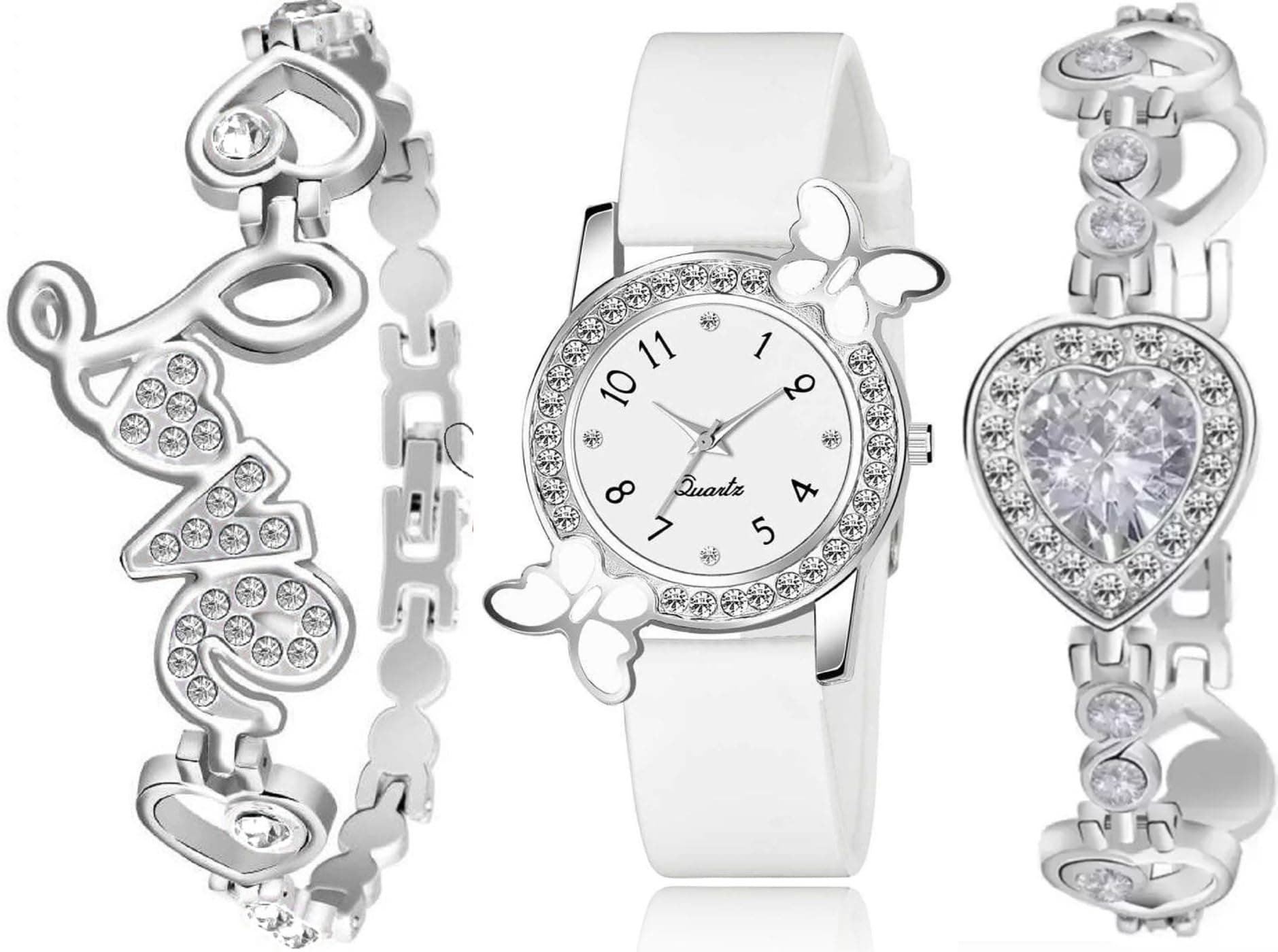 Acnos Polyurethane White Dial Analog Watch With Diamond Bracelet for Girls - Best Design Butterfly Combo 3 Pack