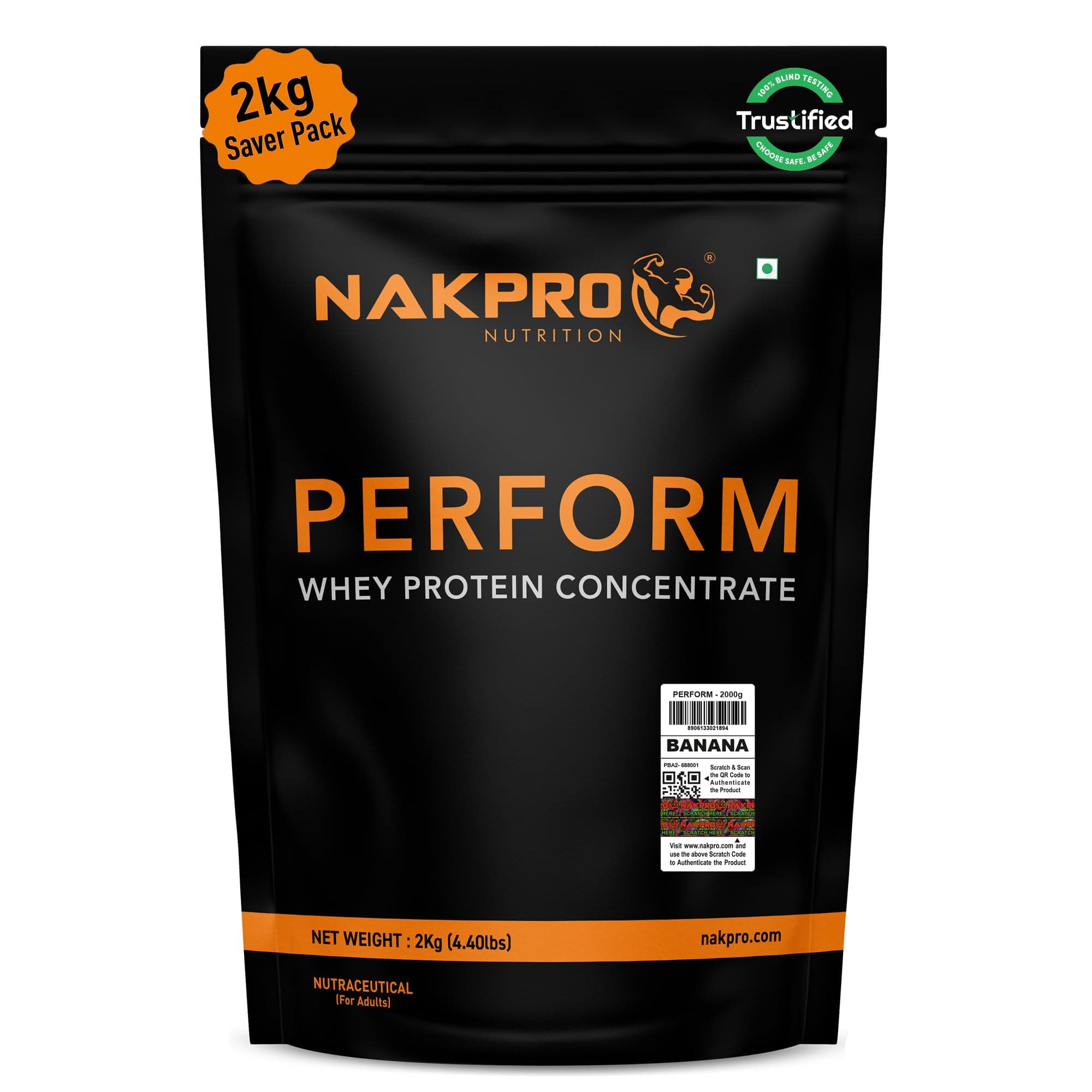 NAKPRO NUTRITION Perform Whey Protein Concentrate | 2kg Banana | 24g Protein, Trustified Certified
