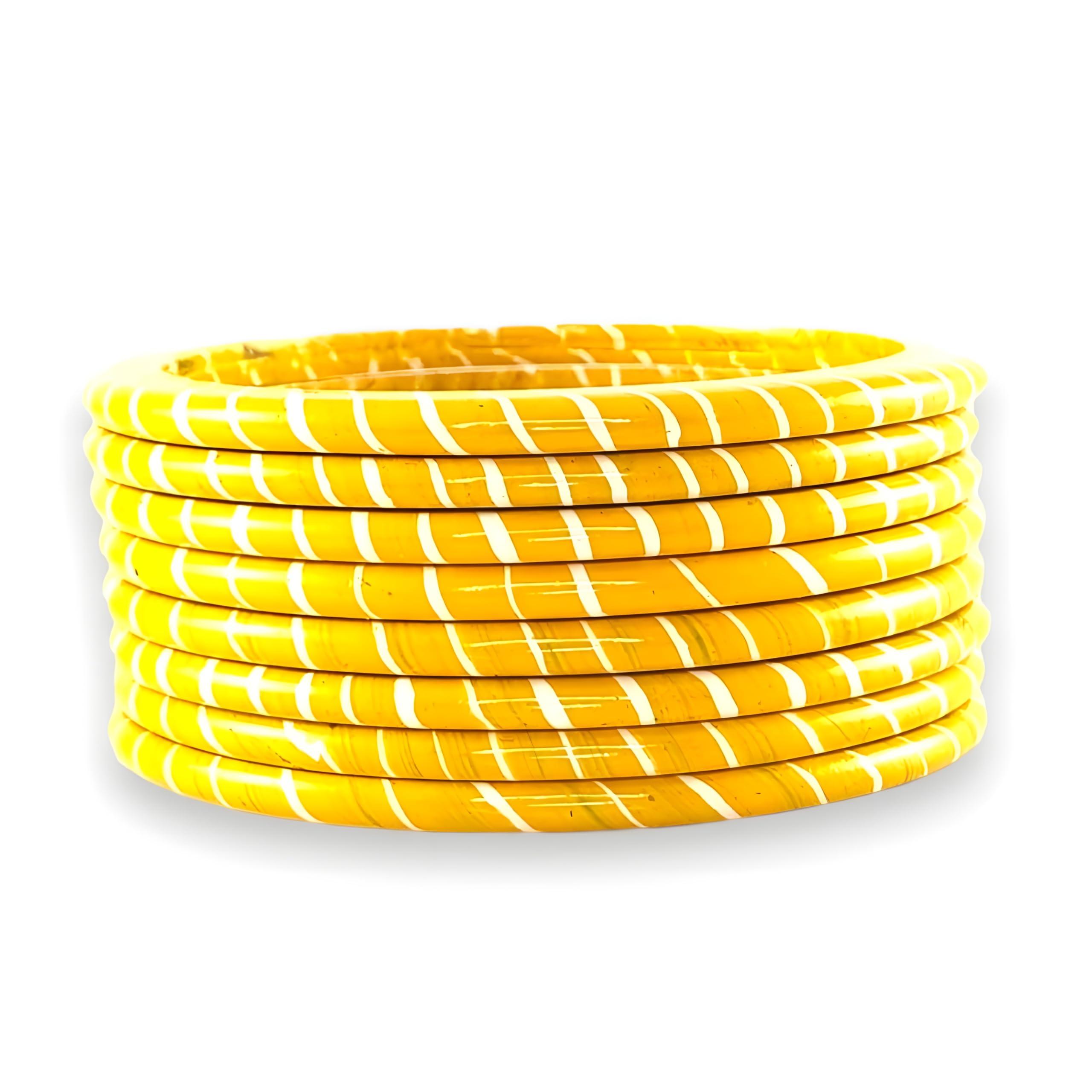 Praavya Traditional Rajasthani Lahariya Lac Bangles Set, Handmade Jaipuri Lakh Chudi, Set of 8, Red Green Marron Yellow Purple Pink Cream Blue Orange (Yellow, 2.4)