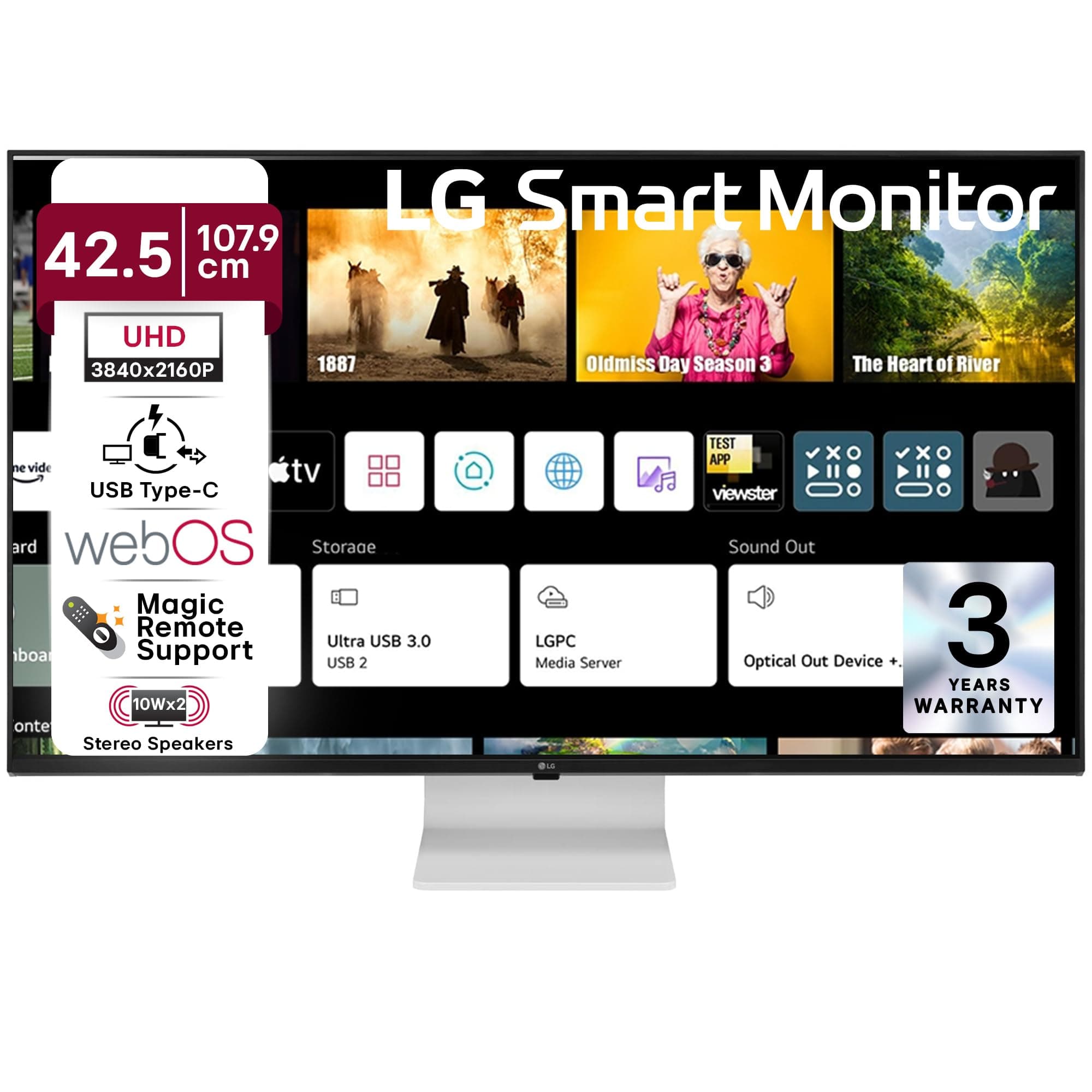 LG 43SQ700 108 cm (42.5 Inch) UHD (3840x2160) IPS Smart Monitor, HDR10, webOS, Wi-Fi, Bluetooth, Miracast, AirPlay2, 10W x2 Speakers, HDMI x2, USB-C with 65W PD, 3-Side Virtually Borderless (White)