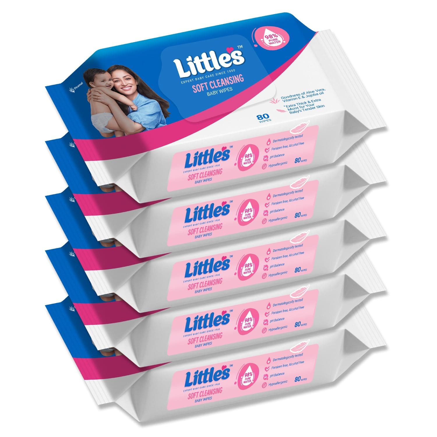 Little's Soft Cleansing Baby Wipes | 80 Wipes x 5 - 400 Wipes | Extra Thick & Moist Wet Wipes for Baby's | Prevents Rashes & Redness with Goodness of Aloe Vera, Vitamin E & Jojoba Oil