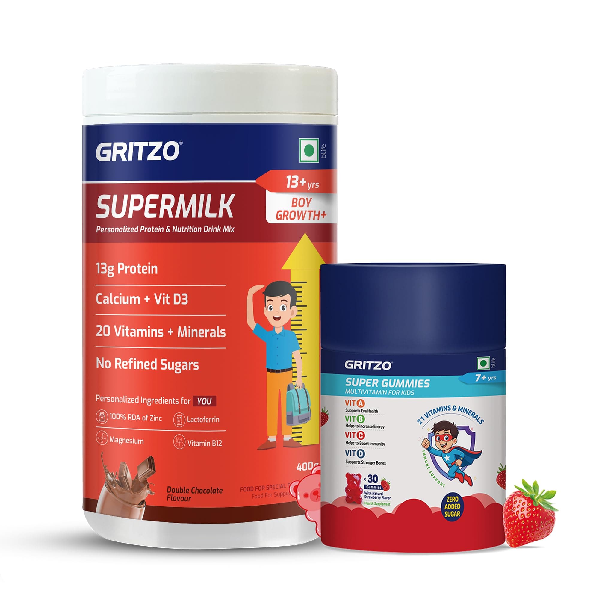 Gritzo SuperMilk Growth+ (13+ Boy), 400g + Multivitamin Gummies