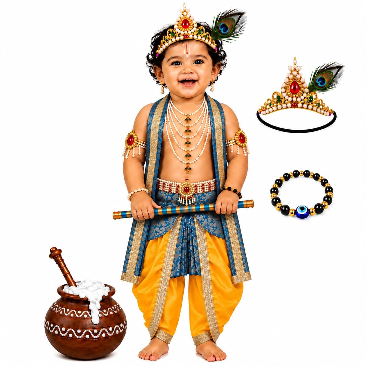 Raj Fancy Dresses Bal Krishna Dress for Kids, Shri Krishna Costume for Baby Boy and Girl, Janmashtami Fancy Dress Costume, Krishna Fancy Dress