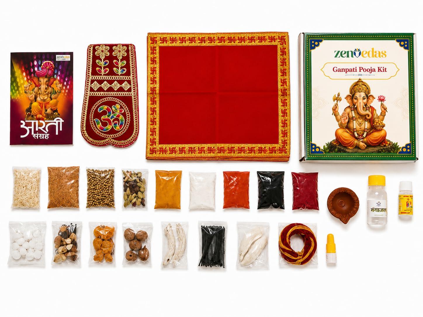 ZENVEDAS Ganesh Pooja Kit with 26 Essential Items, Ganesh Chaturthi Puja Kit, Vinayak Poojan, Ready-to-Use Pooja Essentials for Home, Temple & Festive Rituals for 2 feet Ganpati