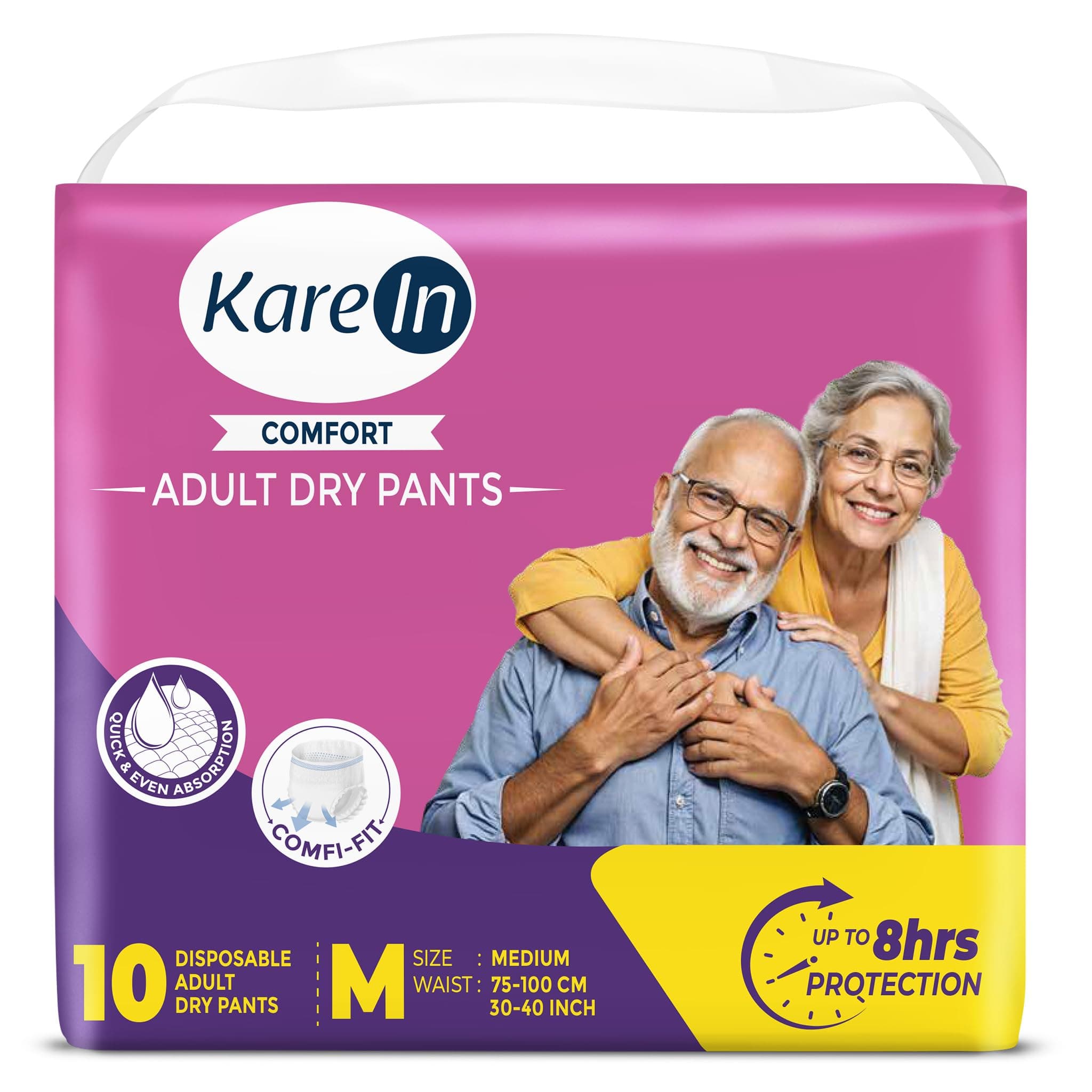 Karein Comfort Adult Diaper Pant M Size, Medium, Waist (75-100 cm 30"-40"), 10 Unit, Long Protection Hour, Unisex, Quick & Even Absorption, Anti-Bacterial, Leakproof, Odour Control, Wetness Indicator