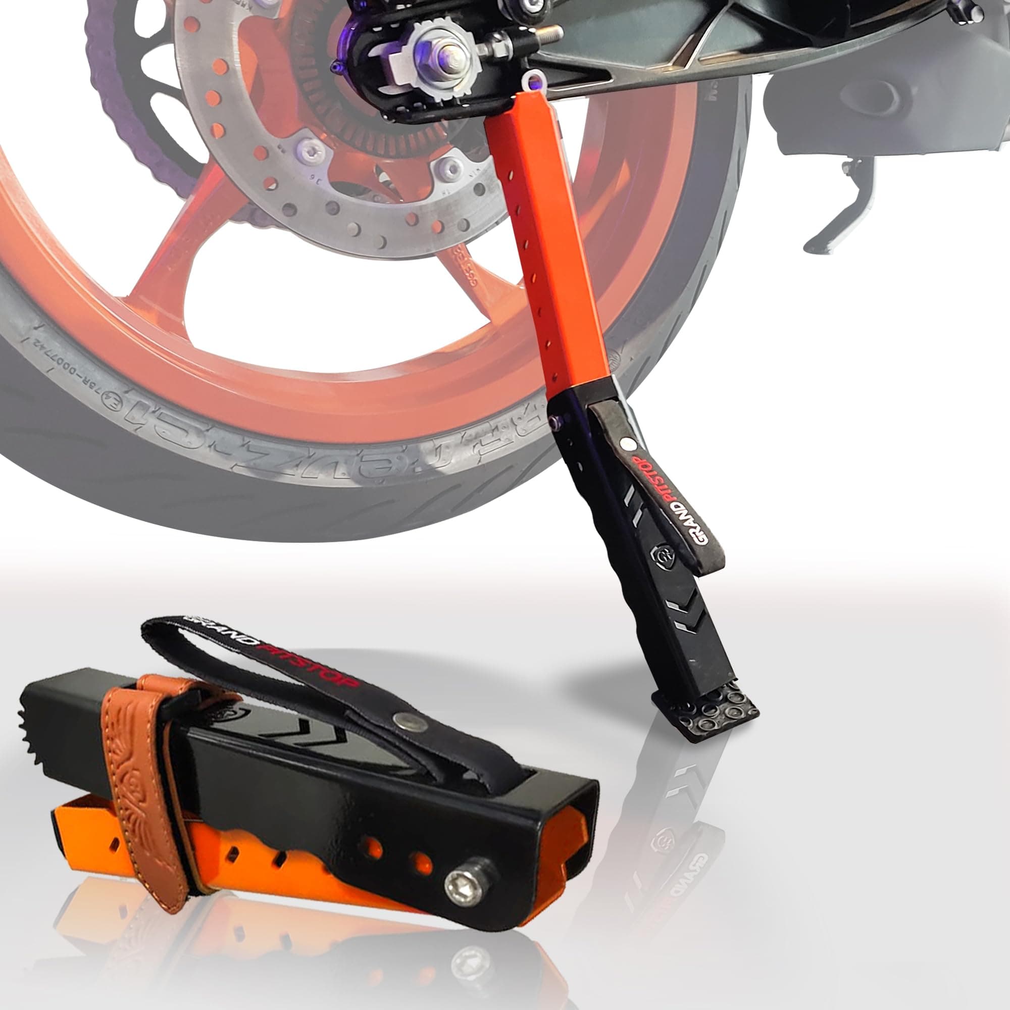 Grand Pitstop Moto Jack for Bike Adjustable, Chain Cleaning and Lubrication, Puncture Check for Double Sided swingarm (Black + Orange, Motorcycle Weight Upto 180 kg)