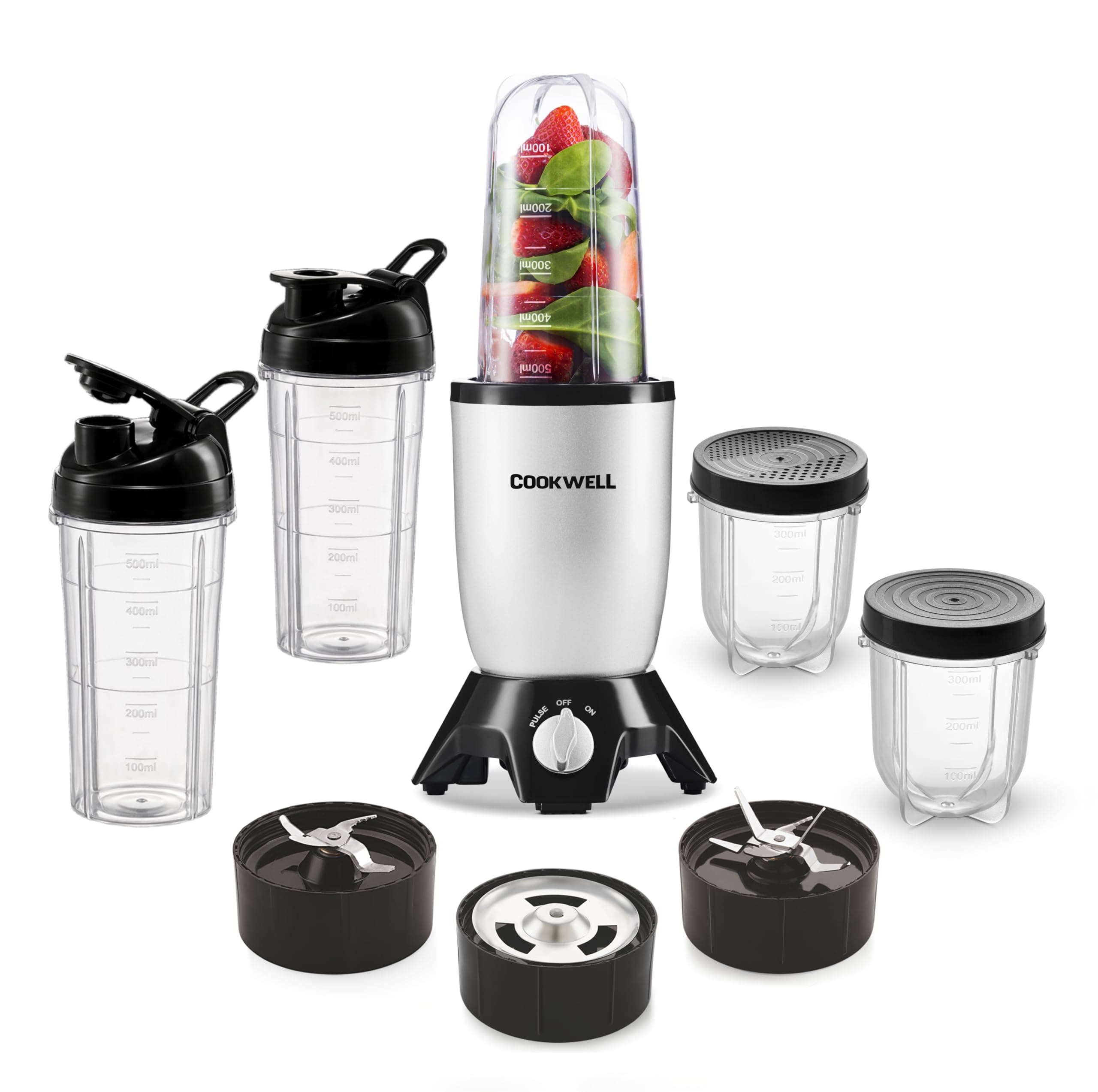 Cookwell Bullet Mixer Grinder (5 Jars, 3 Blades, Silver) - Copper, 600 Watts - 2 Year Warranty