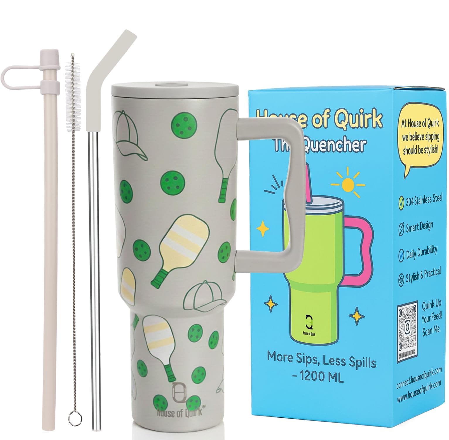 House of Quirk 1200ML Stainless Steel Tumbler with Handle & Lid, 2 Straws – Large Travel Mug Water Cup for Gym, Office & Outdoor Use (Pickleball)