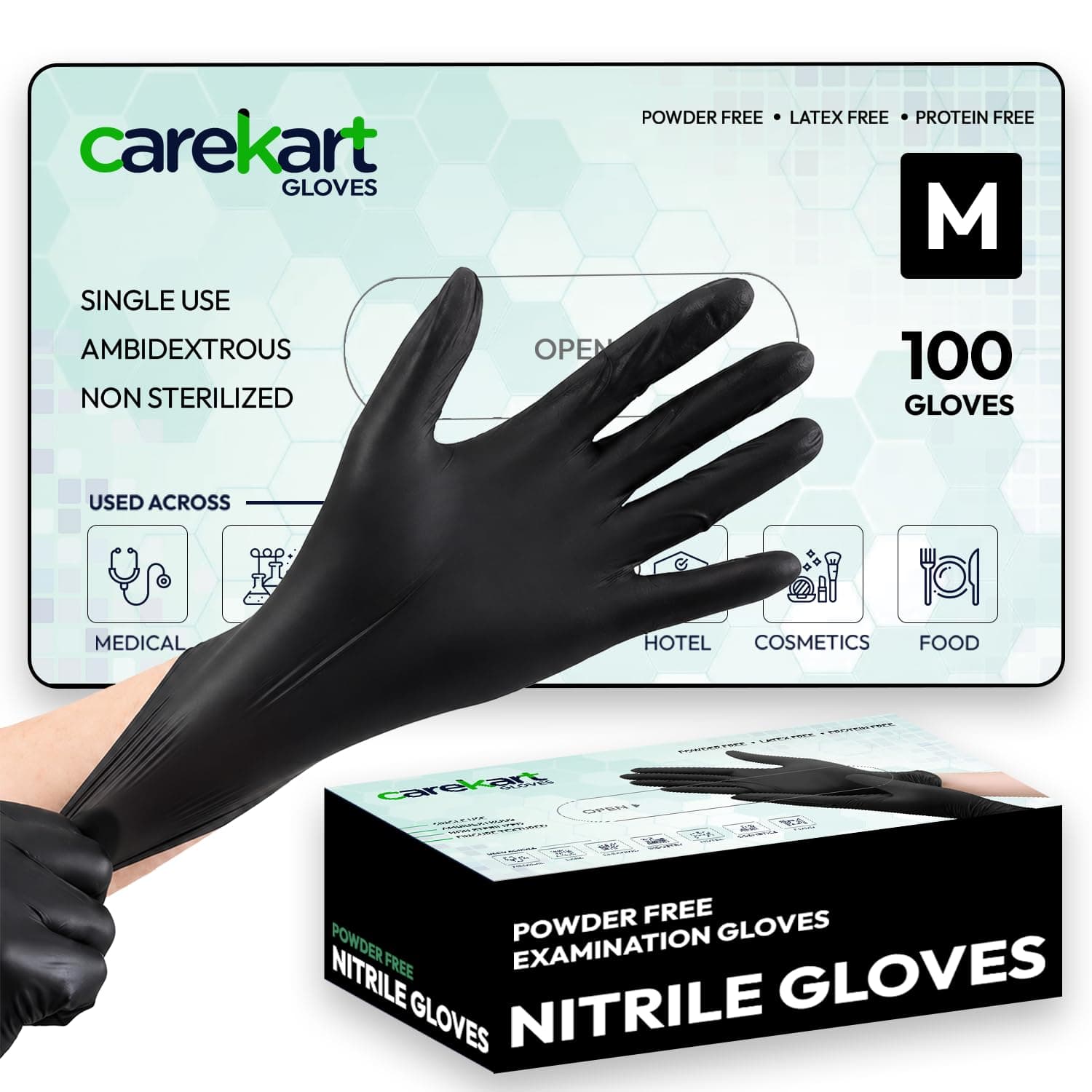 Carekart Black Nitrile Gloves, Medium, 100 Count (50 Pairs), Disposable Powder-Free Examination Gloves for Food Handling, Kitchen & Cleaning