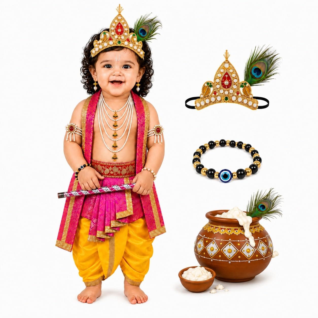 Raj Fancy Dresses Bal Krishna Dress for Kids, Shri Krishna Costume for Baby Boy and Girl, Janmashtami Fancy Dress Costume, Krishna Fancy Dress