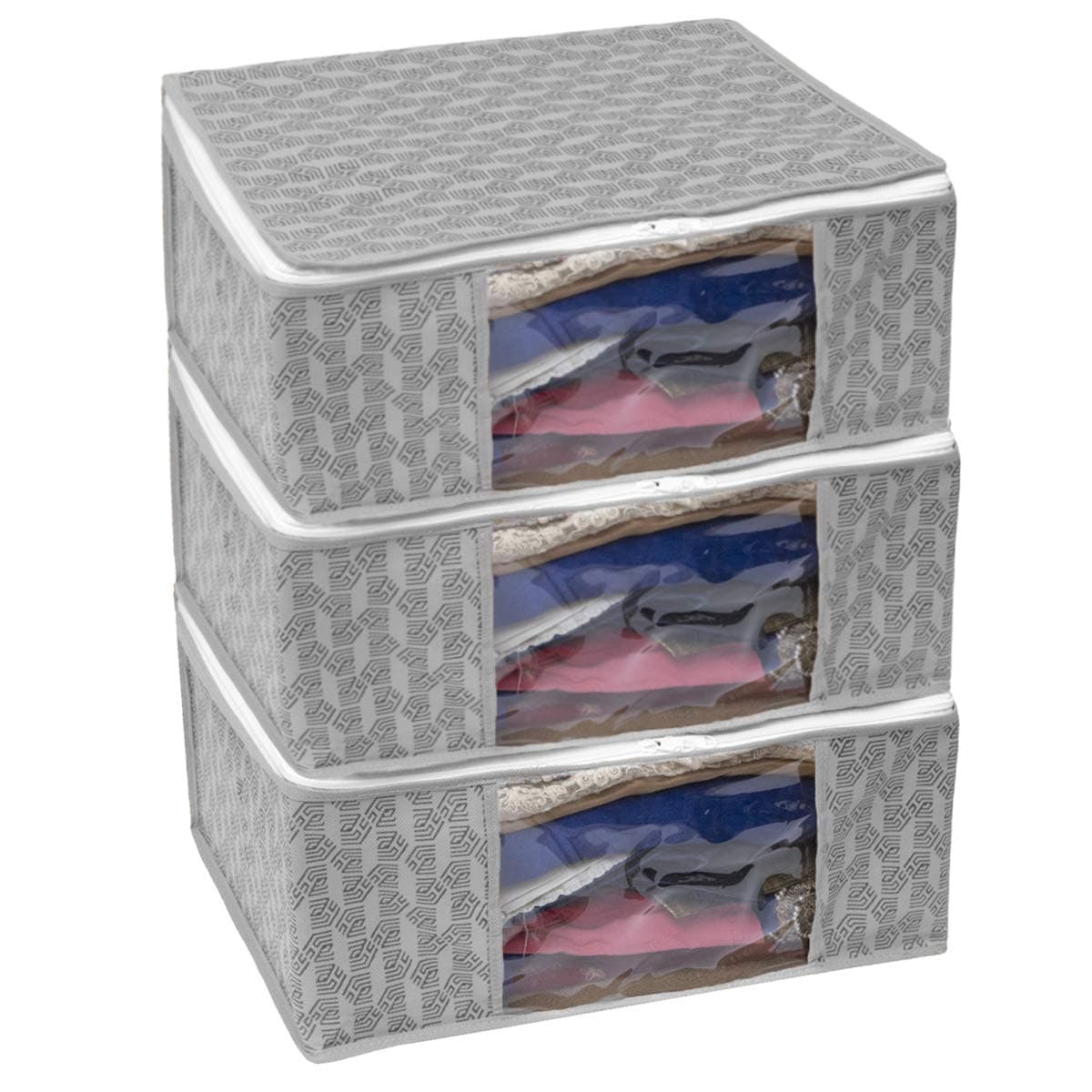 Homestrap Set of 3 Non-Woven Printed Saree Cover/Cloth Storage/Wardrobe Organizer with Transparent Window (Grey)(Featured on Shark Tank) 45cmx33cmx22cm