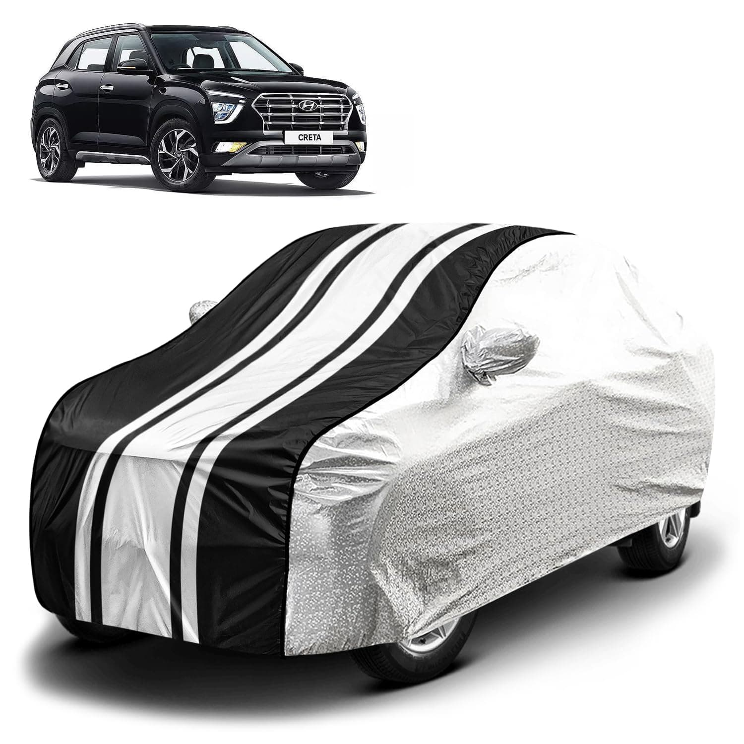 Fabtec Waterproof Car Body Cover for Hyundai Creta with Mirror Pocket and Soft Cotton Lining, Bottom Elastic, Triple Stitched (Metallic Silver with Black Stripes) (No Antenna Pocket)