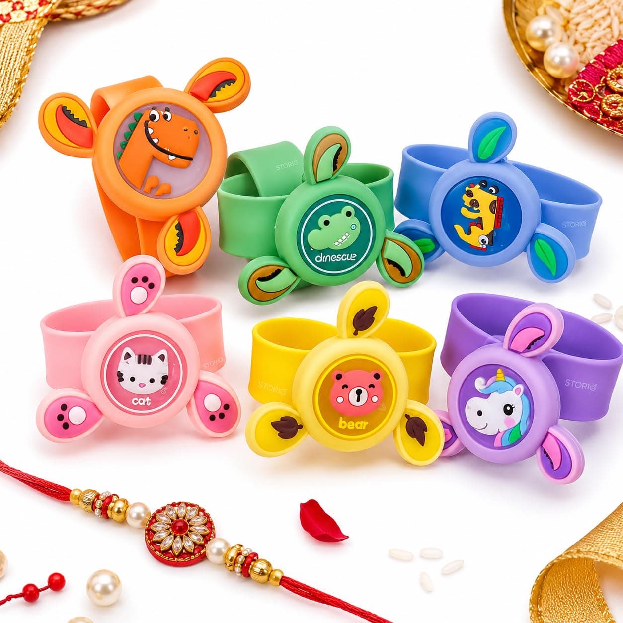 Storio Pack of 6 Rakhi for Brother Kids Wrist Band for Boys and Girls Spinning Slap Band Cute Cartoon Bracelet Wrist Band with LED Light Up, Great Birthday Return Gift Toys for Kids Boys Girls